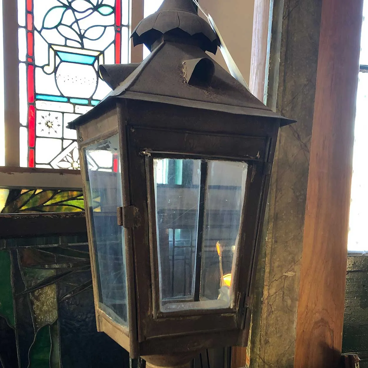 Anglo Indian Toleware Post Lantern on Painted Teak Base