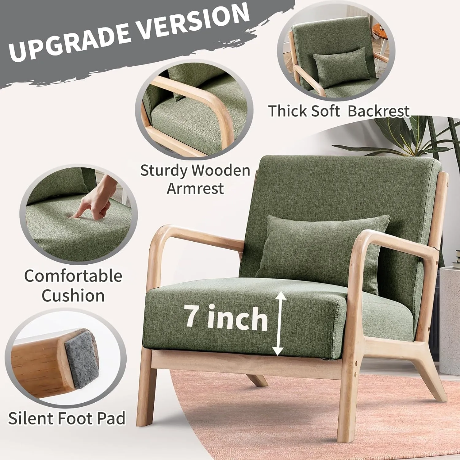 ANJHOME Mid Century Modern Accent Chair, Comfy Fabric Reading Chair with Solid Wood Frame, Easy Assembly Armchair for Living Room Blackish Green
