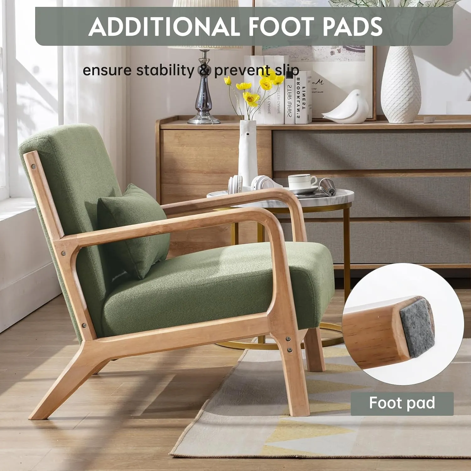 ANJHOME Mid Century Modern Accent Chair, Comfy Fabric Reading Chair with Solid Wood Frame, Easy Assembly Armchair for Living Room Blackish Green