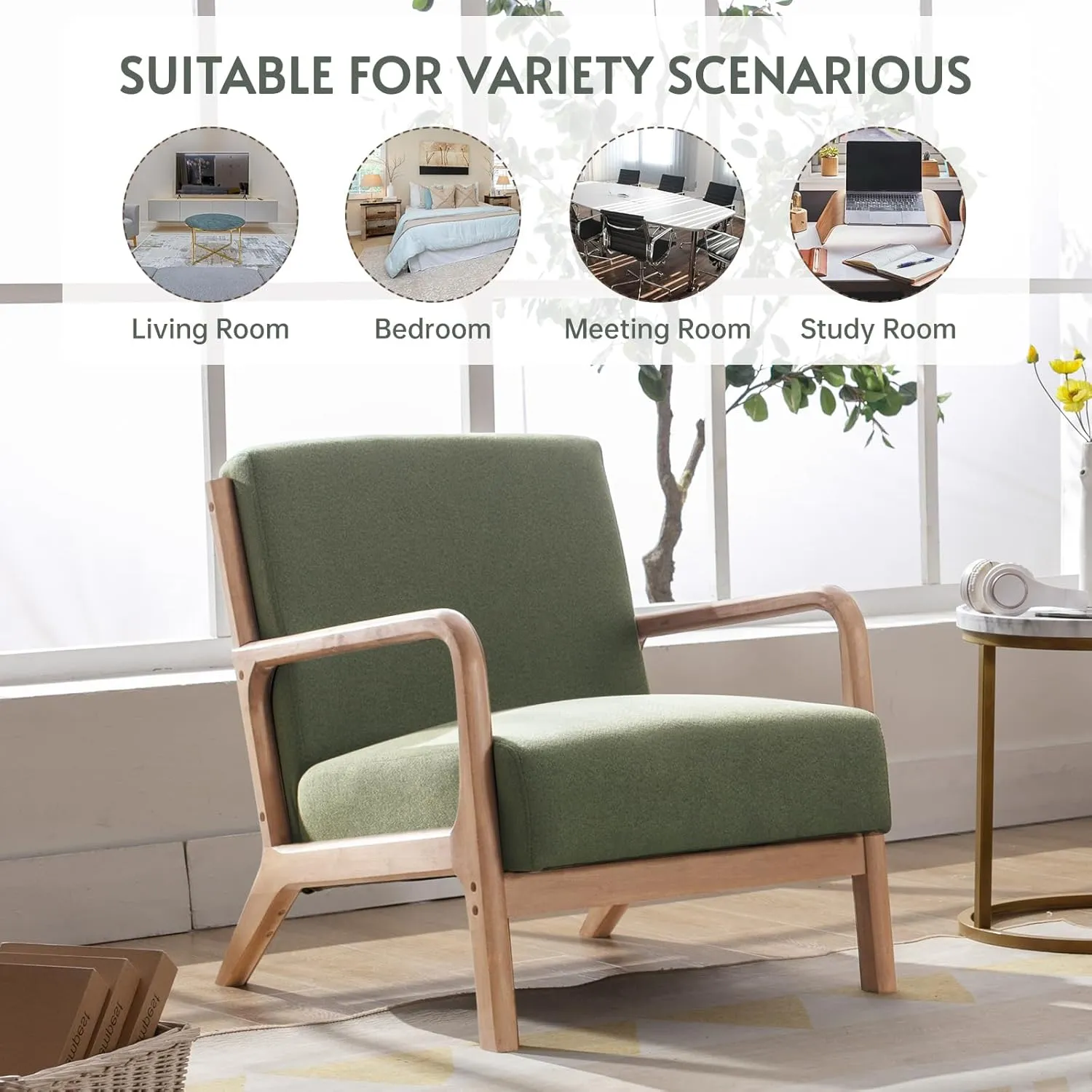 ANJHOME Mid Century Modern Accent Chair, Comfy Fabric Reading Chair with Solid Wood Frame, Easy Assembly Armchair for Living Room Blackish Green
