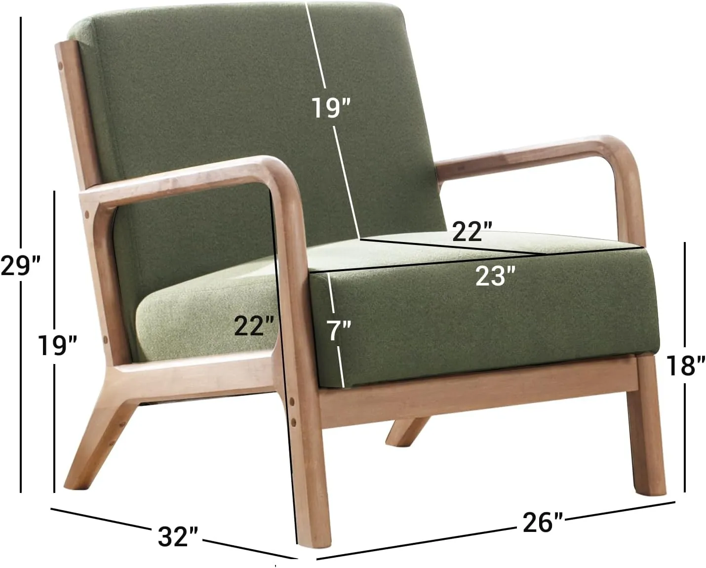 ANJHOME Mid Century Modern Accent Chair, Comfy Fabric Reading Chair with Solid Wood Frame, Easy Assembly Armchair for Living Room Blackish Green