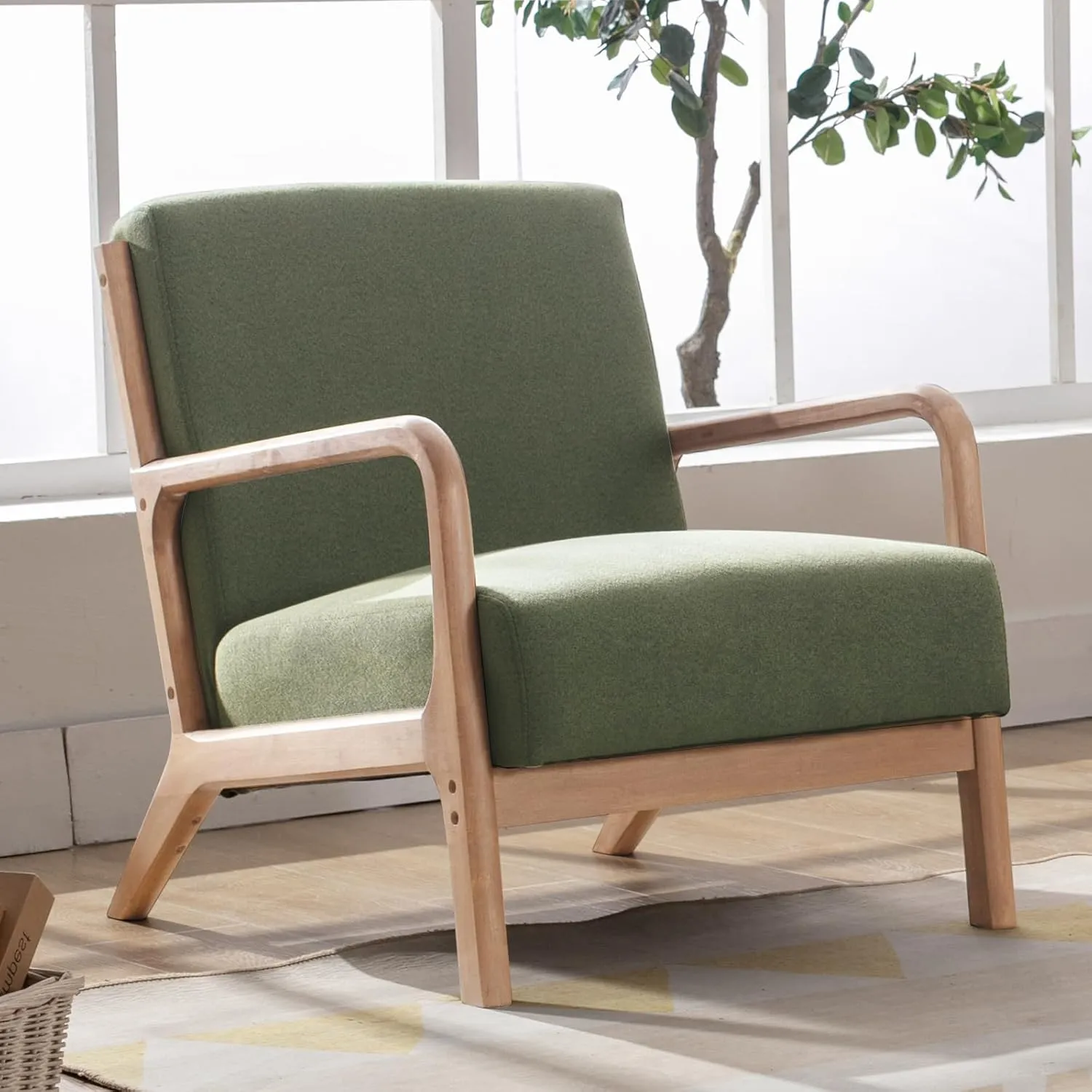 ANJHOME Mid Century Modern Accent Chair, Comfy Fabric Reading Chair with Solid Wood Frame, Easy Assembly Armchair for Living Room Blackish Green