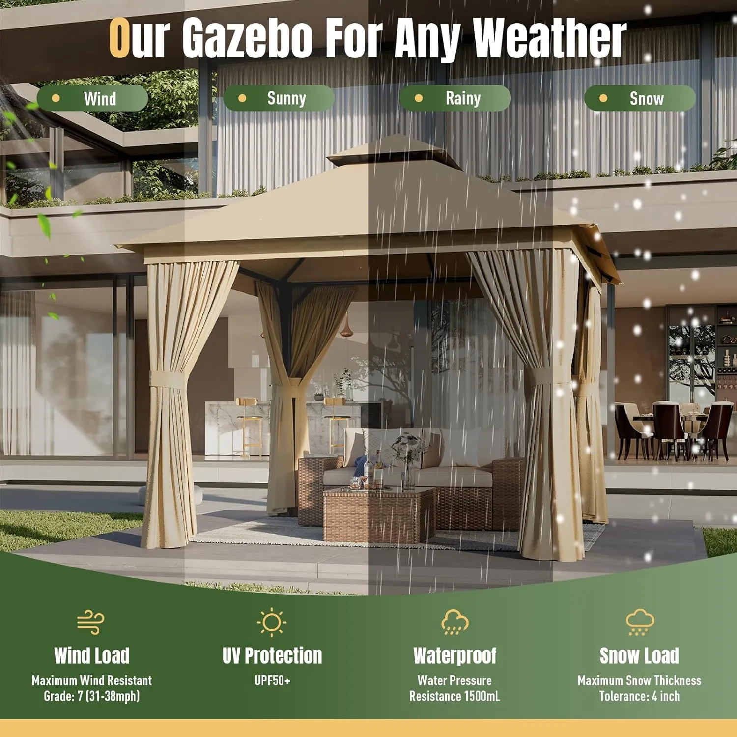 AOXUN Outdoor Gazebo for Patio 10x10, Metal Frame Canopy with Double Roofs, Heavy Duty Party Tent and Shelter with Mosquito Netting and Privacy Screen for Backyard, Lawn, Garden, Deck (Beige)