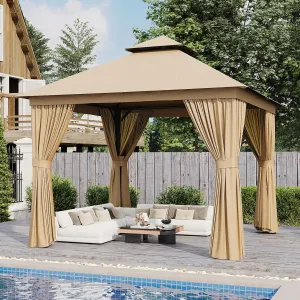 AOXUN Outdoor Gazebo for Patio 10x10, Metal Frame Canopy with Double Roofs, Heavy Duty Party Tent and Shelter with Mosquito Netting and Privacy Screen for Backyard, Lawn, Garden, Deck (Beige)