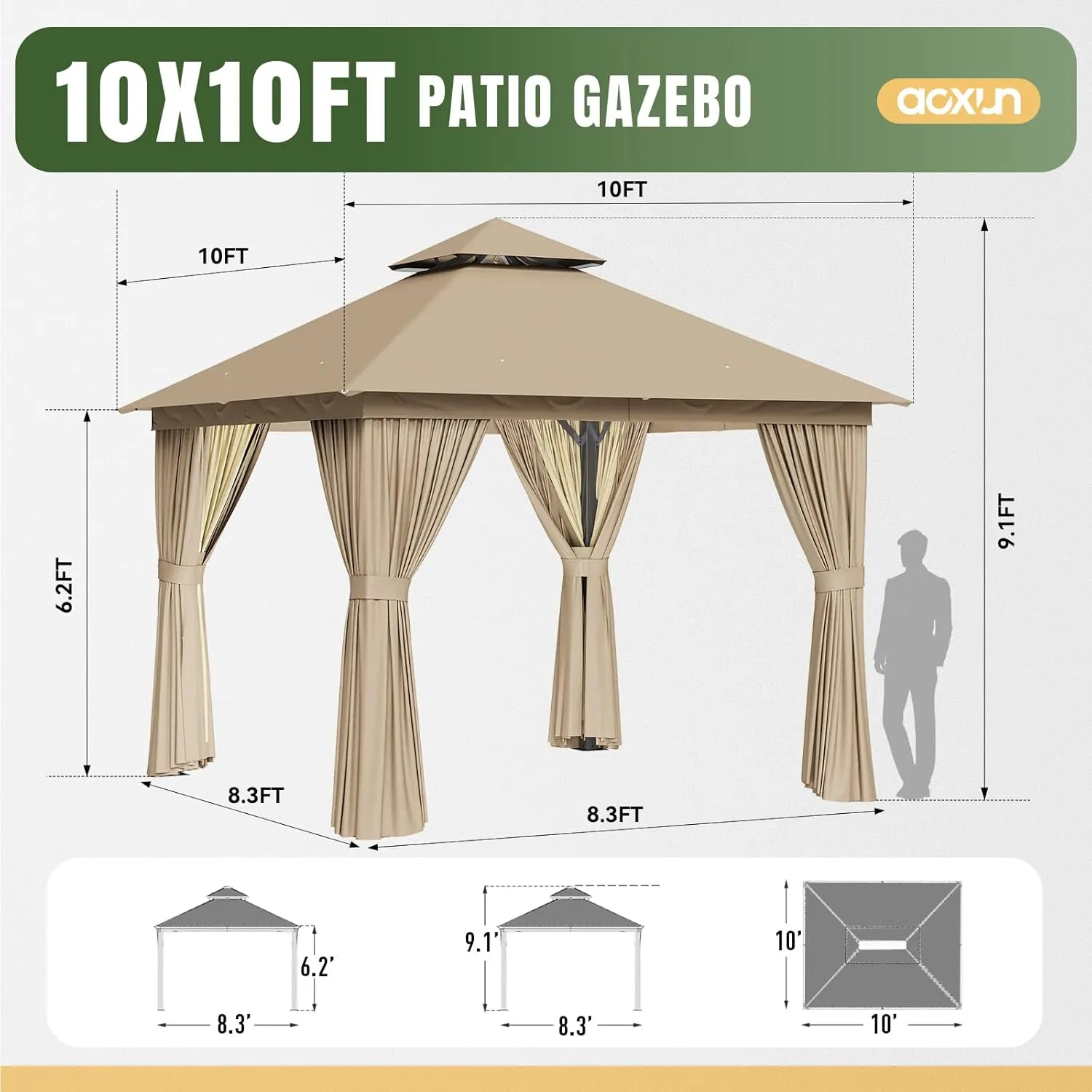 AOXUN Outdoor Gazebo for Patio 10x10, Metal Frame Canopy with Double Roofs, Heavy Duty Party Tent and Shelter with Mosquito Netting and Privacy Screen for Backyard, Lawn, Garden, Deck (Beige)