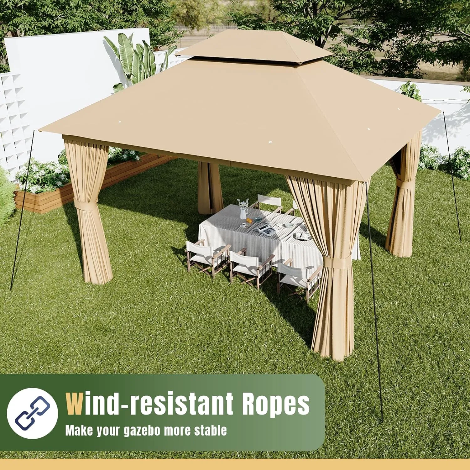 AOXUN Outdoor Gazebo for Patio 10x12, Metal Frame Canopy with Double Roofs, Heavy Duty Party Tent and Shelter with Mosquito Netting and Privacy Screen for Backyard, Lawn, Garden, Deck (Beige)