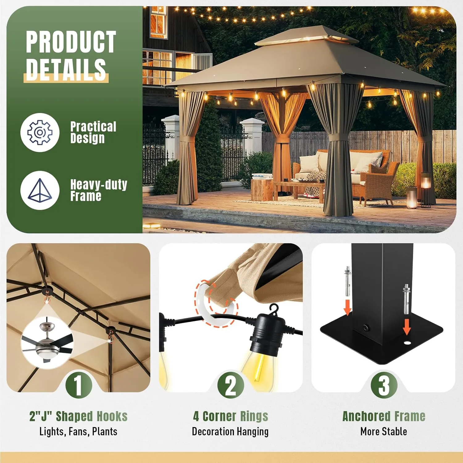 AOXUN Outdoor Gazebo for Patio 10x12, Metal Frame Canopy with Double Roofs, Heavy Duty Party Tent and Shelter with Mosquito Netting and Privacy Screen for Backyard, Lawn, Garden, Deck (Beige)