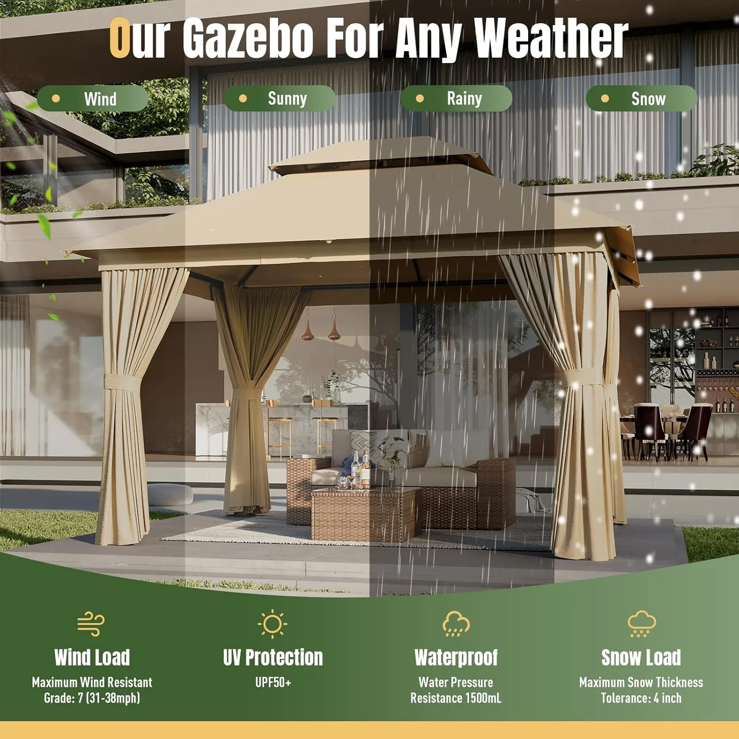 AOXUN Outdoor Gazebo for Patio 10x12, Metal Frame Canopy with Double Roofs, Heavy Duty Party Tent and Shelter with Mosquito Netting and Privacy Screen for Backyard, Lawn, Garden, Deck (Beige)