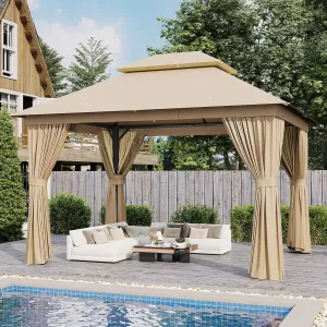 AOXUN Outdoor Gazebo for Patio 10x12, Metal Frame Canopy with Double Roofs, Heavy Duty Party Tent and Shelter with Mosquito Netting and Privacy Screen for Backyard, Lawn, Garden, Deck (Beige)