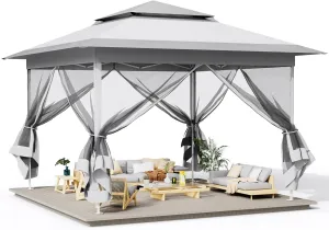 Arlopu Pop Up Gazebo Tent, Outdoor Instant Canopy, Easy Set-up Folding Shelter with Netting, Metal Frame, Screened House Shade Vented for Patio, Lawn, Party, Backyard, Garden (Grey, 13FT×13FT)