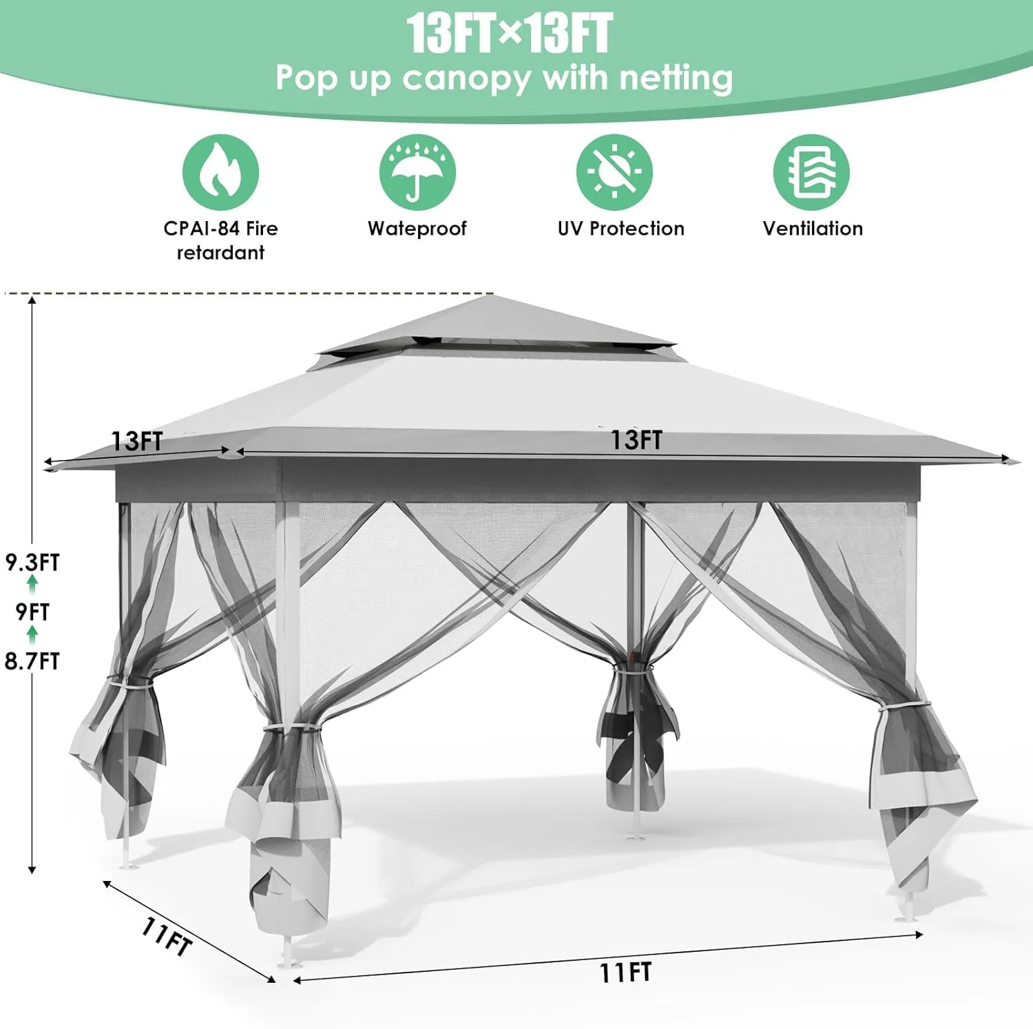 Arlopu Pop Up Gazebo Tent, Outdoor Instant Canopy, Easy Set-up Folding Shelter with Netting, Metal Frame, Screened House Shade Vented for Patio, Lawn, Party, Backyard, Garden (Grey, 13FT×13FT)