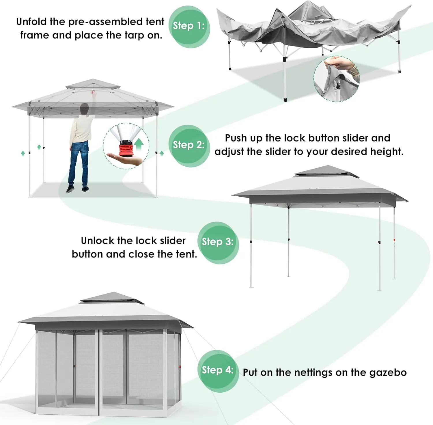 Arlopu Pop Up Gazebo Tent, Outdoor Instant Canopy, Easy Set-up Folding Shelter with Netting, Metal Frame, Screened House Shade Vented for Patio, Lawn, Party, Backyard, Garden (Grey, 13FT×13FT)