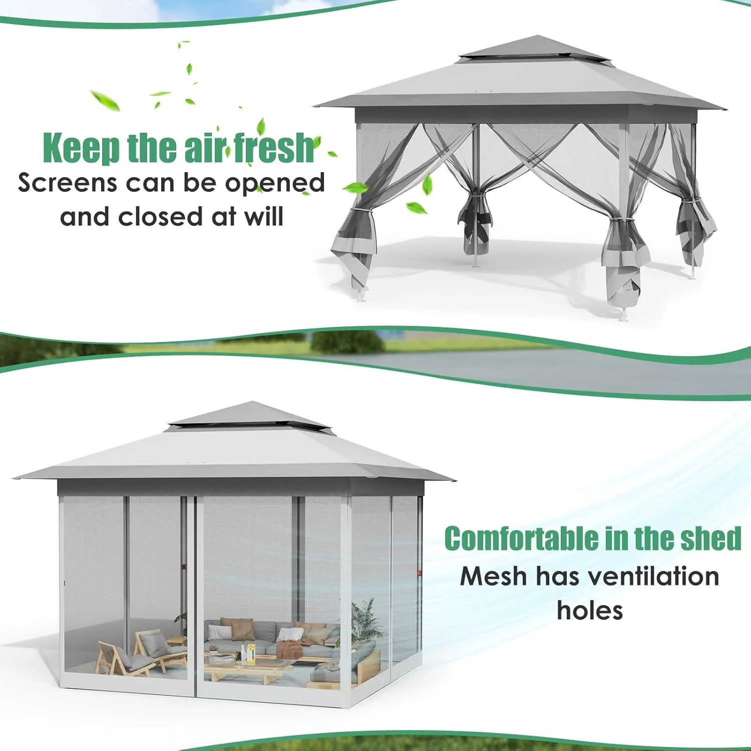 Arlopu Pop Up Gazebo Tent, Outdoor Instant Canopy, Easy Set-up Folding Shelter with Netting, Metal Frame, Screened House Shade Vented for Patio, Lawn, Party, Backyard, Garden (Grey, 13FT×13FT)