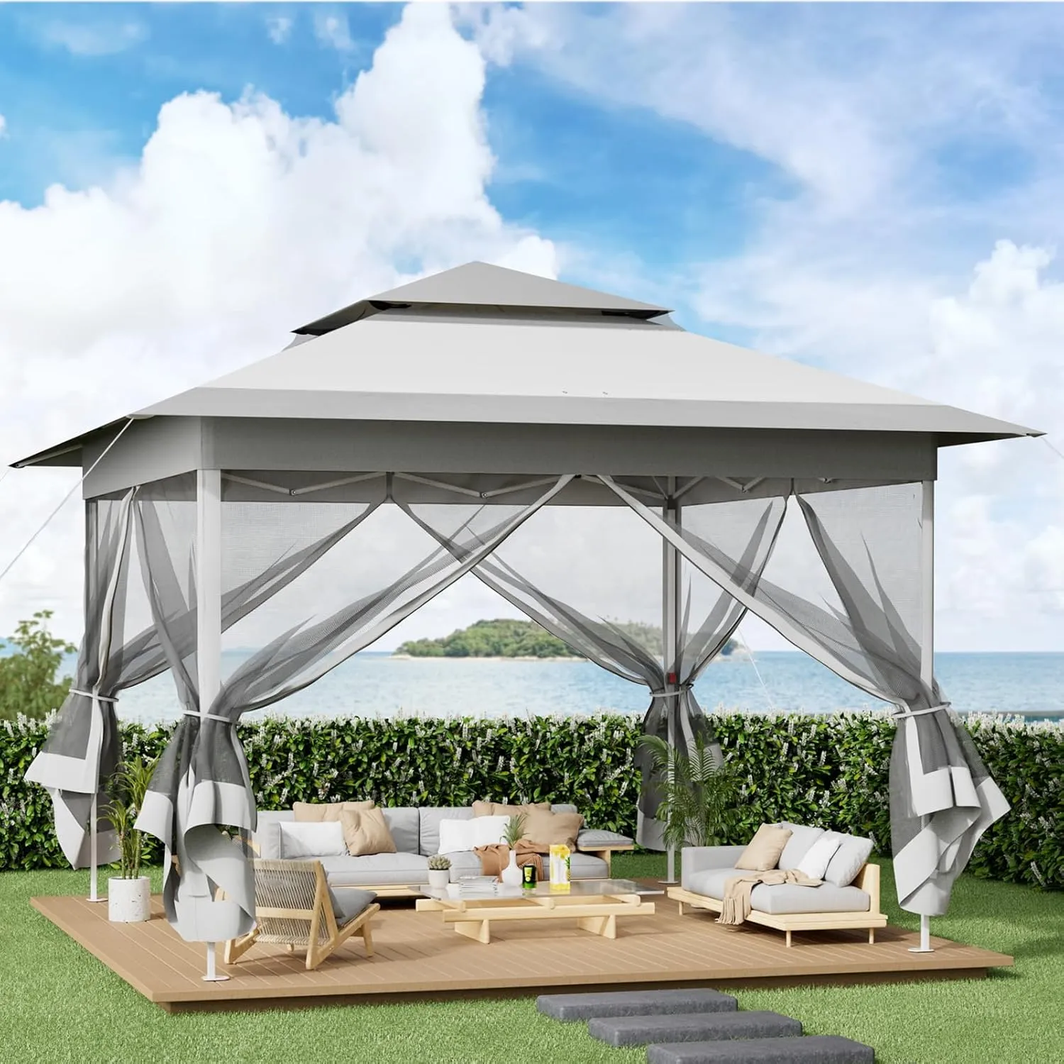 Arlopu Pop Up Gazebo Tent, Outdoor Instant Canopy, Easy Set-up Folding Shelter with Netting, Metal Frame, Screened House Shade Vented for Patio, Lawn, Party, Backyard, Garden (Grey, 13FT×13FT)