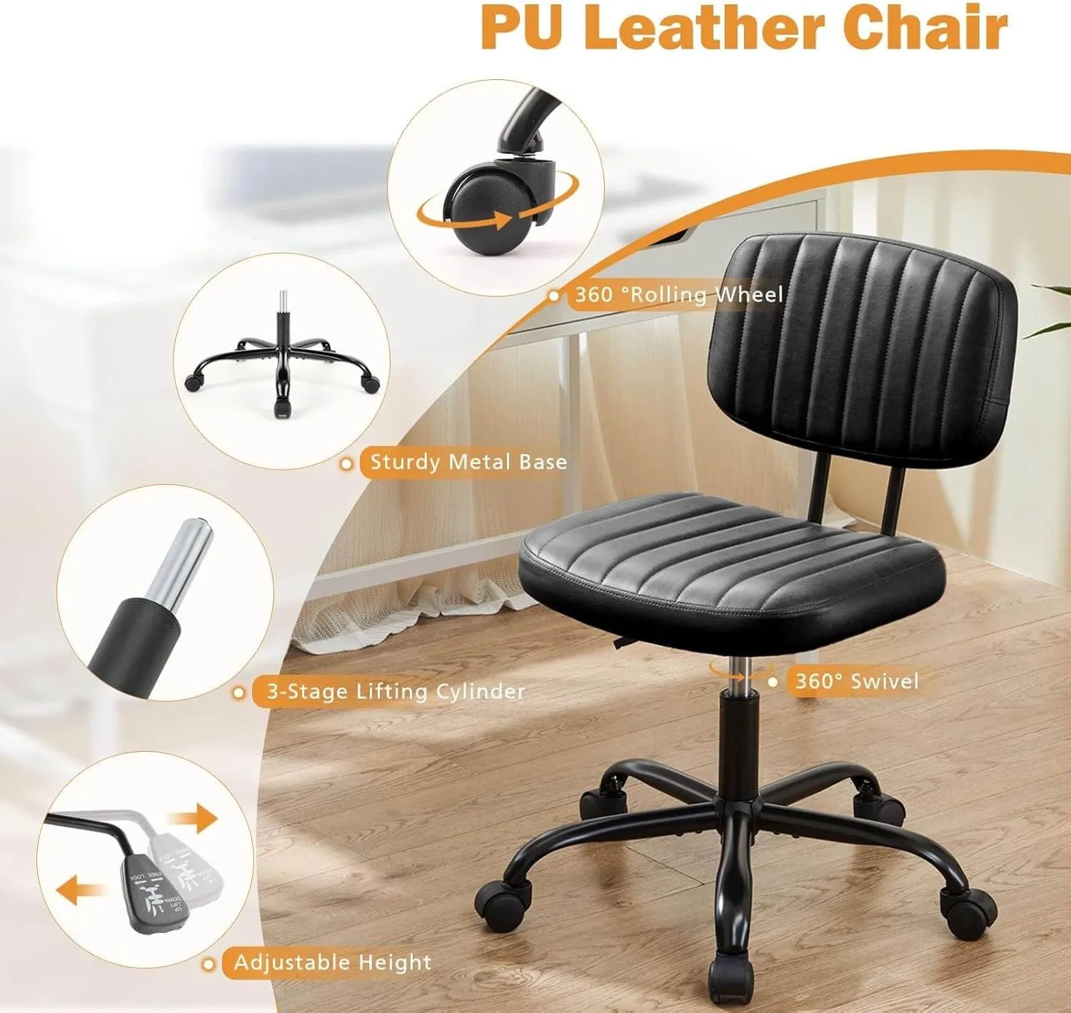 Armless Home Office Desk Chair with Back Lumbar Support, Ergonomic PU Leather Computer Task Chair with Adjustable Height, 360° Rolling Swivel for Adults Students, Black