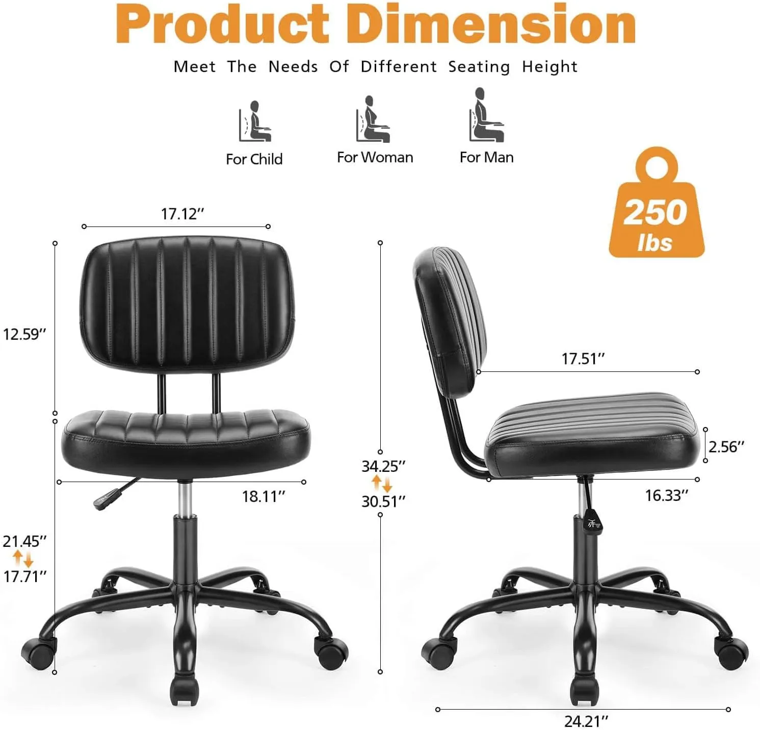 Armless Home Office Desk Chair with Back Lumbar Support, Ergonomic PU Leather Computer Task Chair with Adjustable Height, 360° Rolling Swivel for Adults Students, Black