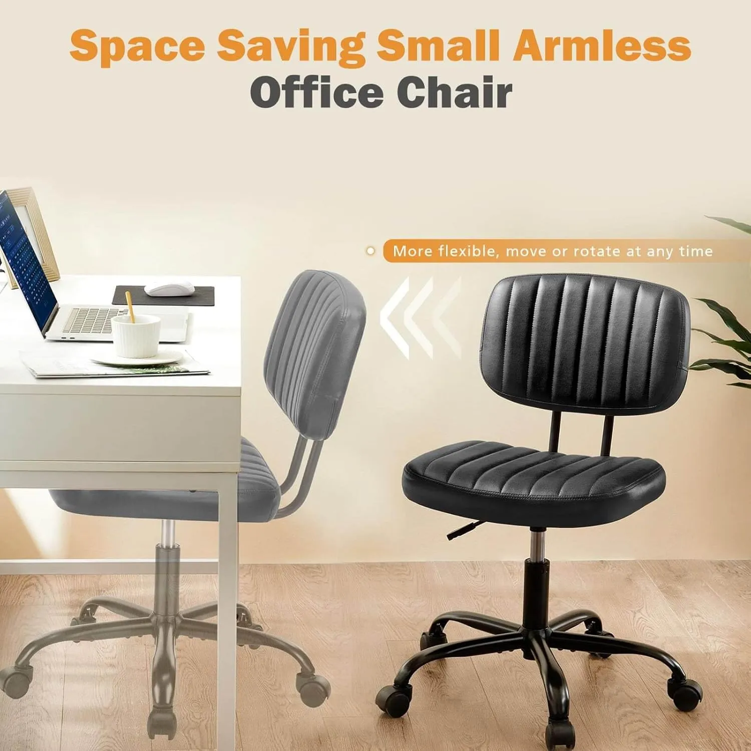 Armless Home Office Desk Chair with Back Lumbar Support, Ergonomic PU Leather Computer Task Chair with Adjustable Height, 360° Rolling Swivel for Adults Students, Black