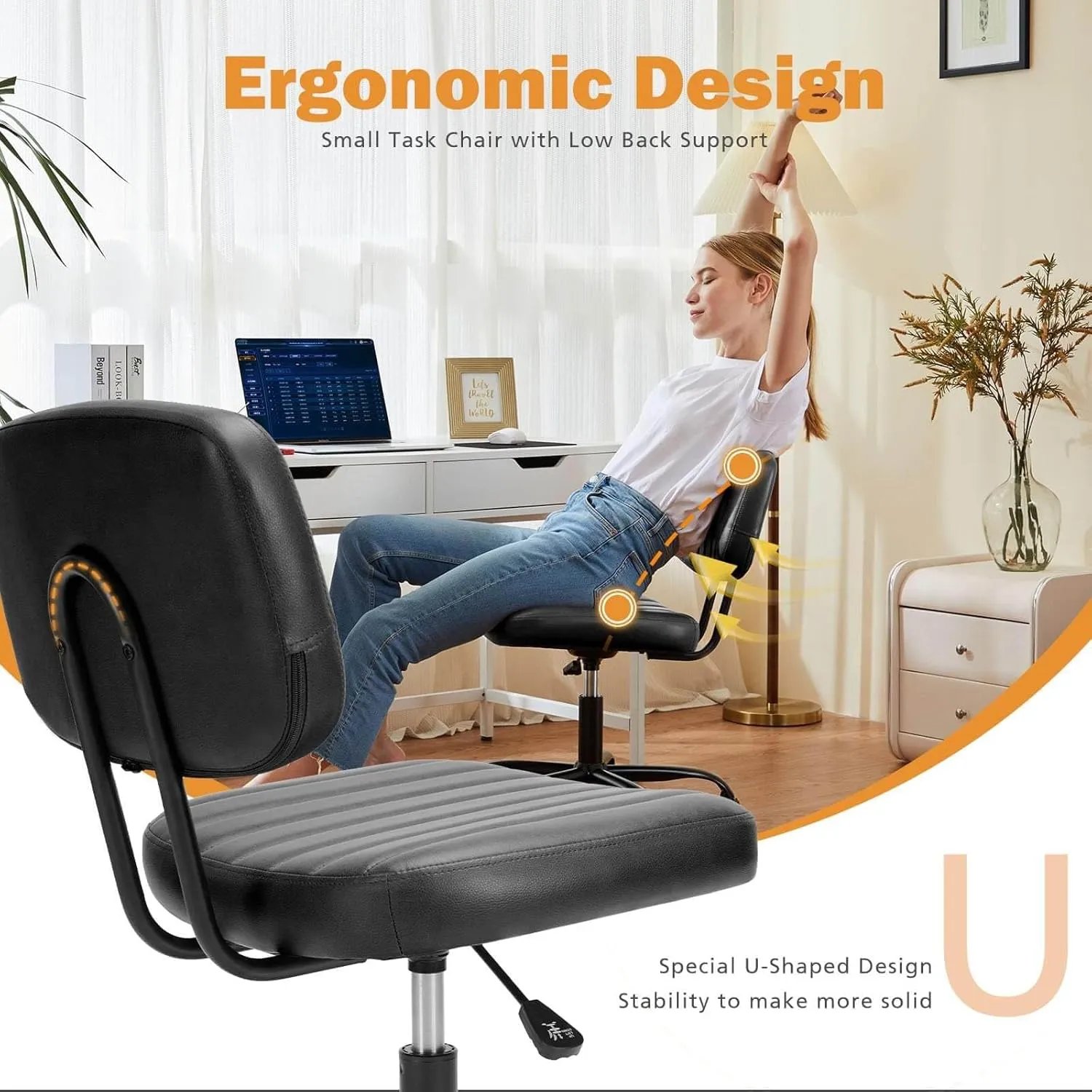 Armless Home Office Desk Chair with Back Lumbar Support, Ergonomic PU Leather Computer Task Chair with Adjustable Height, 360° Rolling Swivel for Adults Students, Black