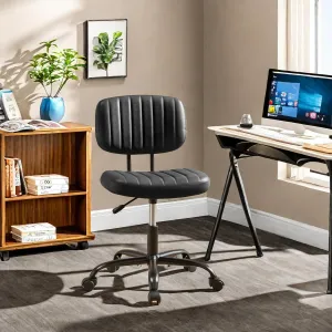 Armless Home Office Desk Chair with Back Lumbar Support, Ergonomic PU Leather Computer Task Chair with Adjustable Height, 360° Rolling Swivel for Adults Students, Black