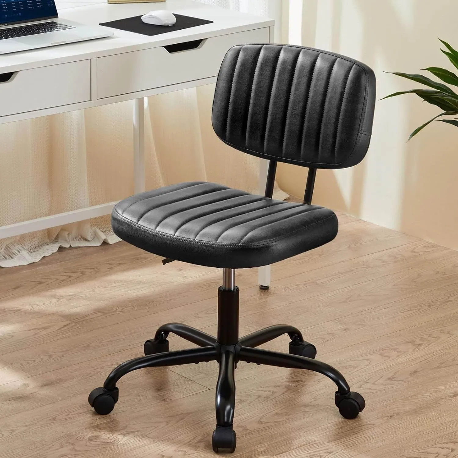 Armless Home Office Desk Chair with Back Lumbar Support, Ergonomic PU Leather Computer Task Chair with Adjustable Height, 360° Rolling Swivel for Adults Students, Black