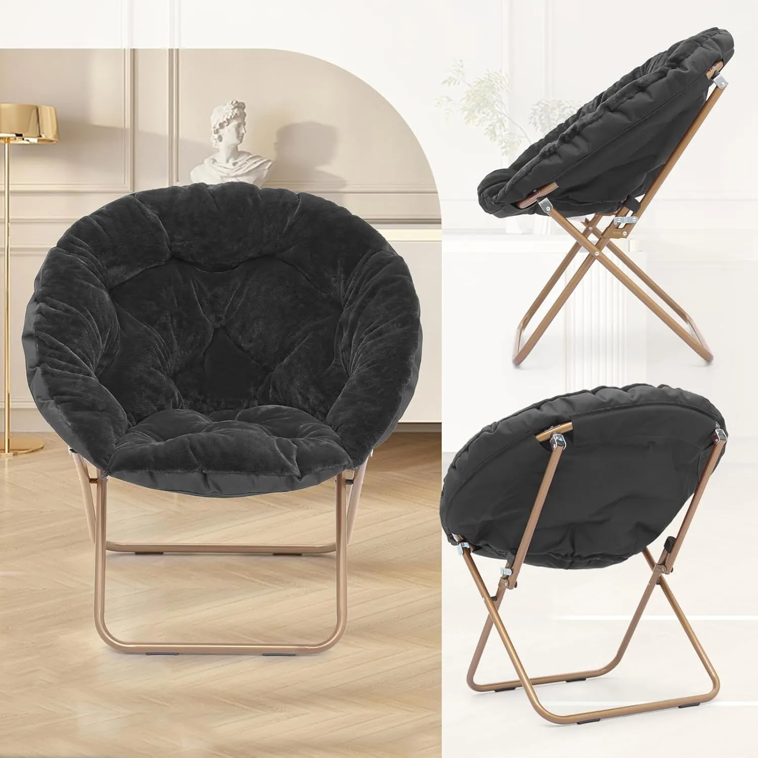 Athena Collection Comfy Saucer Chair Folding Cozy Chair for Bed Room Living Room Accent Chair Faux Fur Reading Chair Foldable Metal Frame Lazy Chair Moon Chair for Adult Set of 2, Black