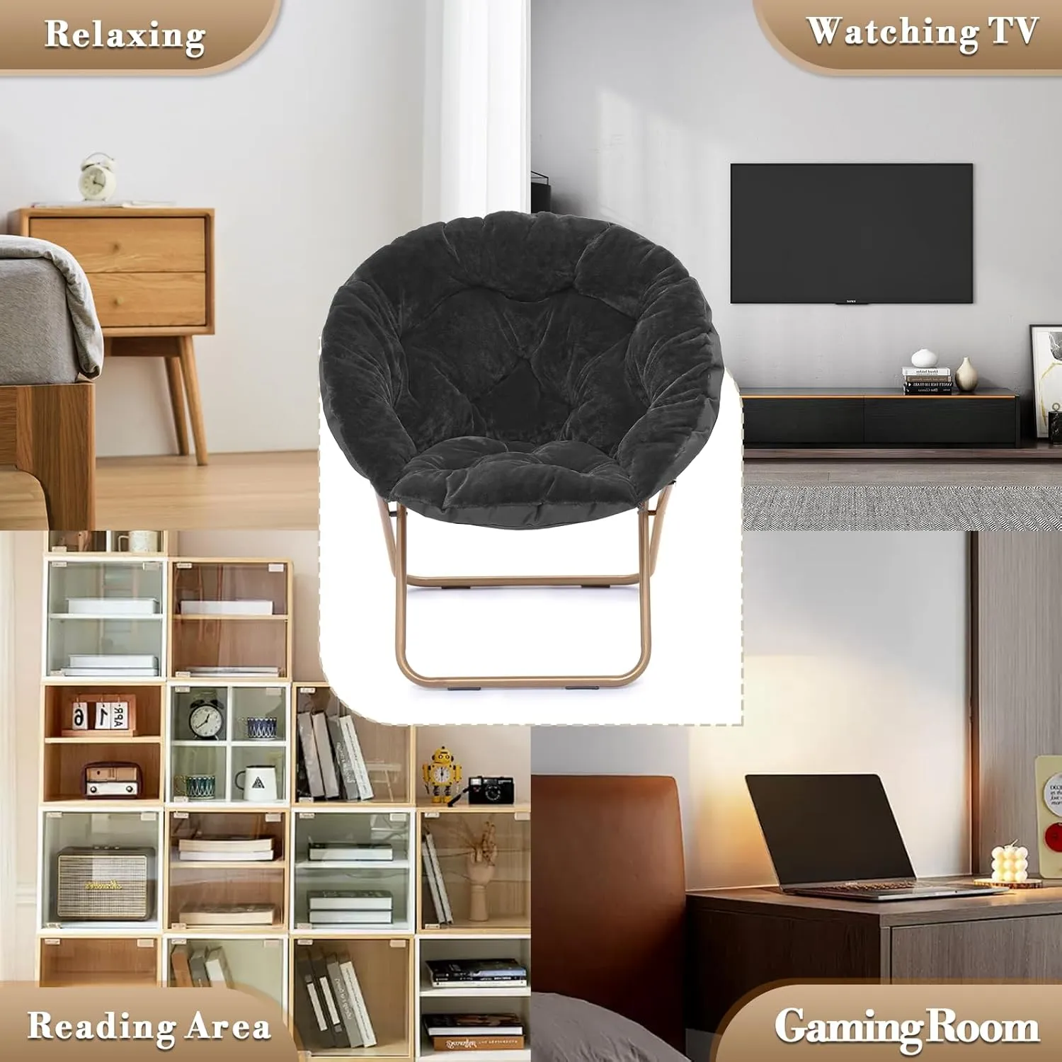 Athena Collection Comfy Saucer Chair Folding Cozy Chair for Bed Room Living Room Accent Chair Faux Fur Reading Chair Foldable Metal Frame Lazy Chair Moon Chair for Adult Set of 2, Black