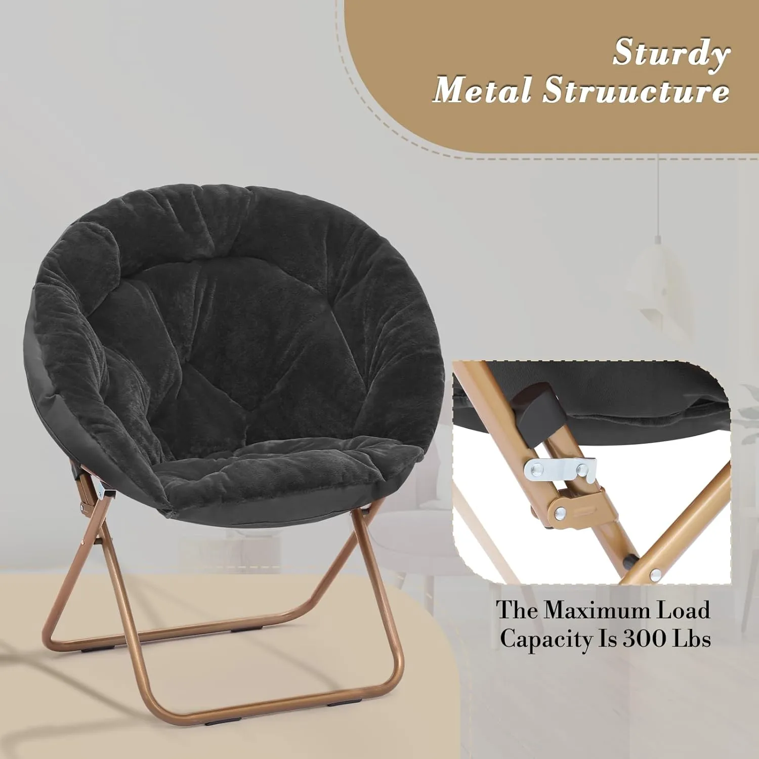Athena Collection Comfy Saucer Chair Folding Cozy Chair for Bed Room Living Room Accent Chair Faux Fur Reading Chair Foldable Metal Frame Lazy Chair Moon Chair for Adult Set of 2, Black