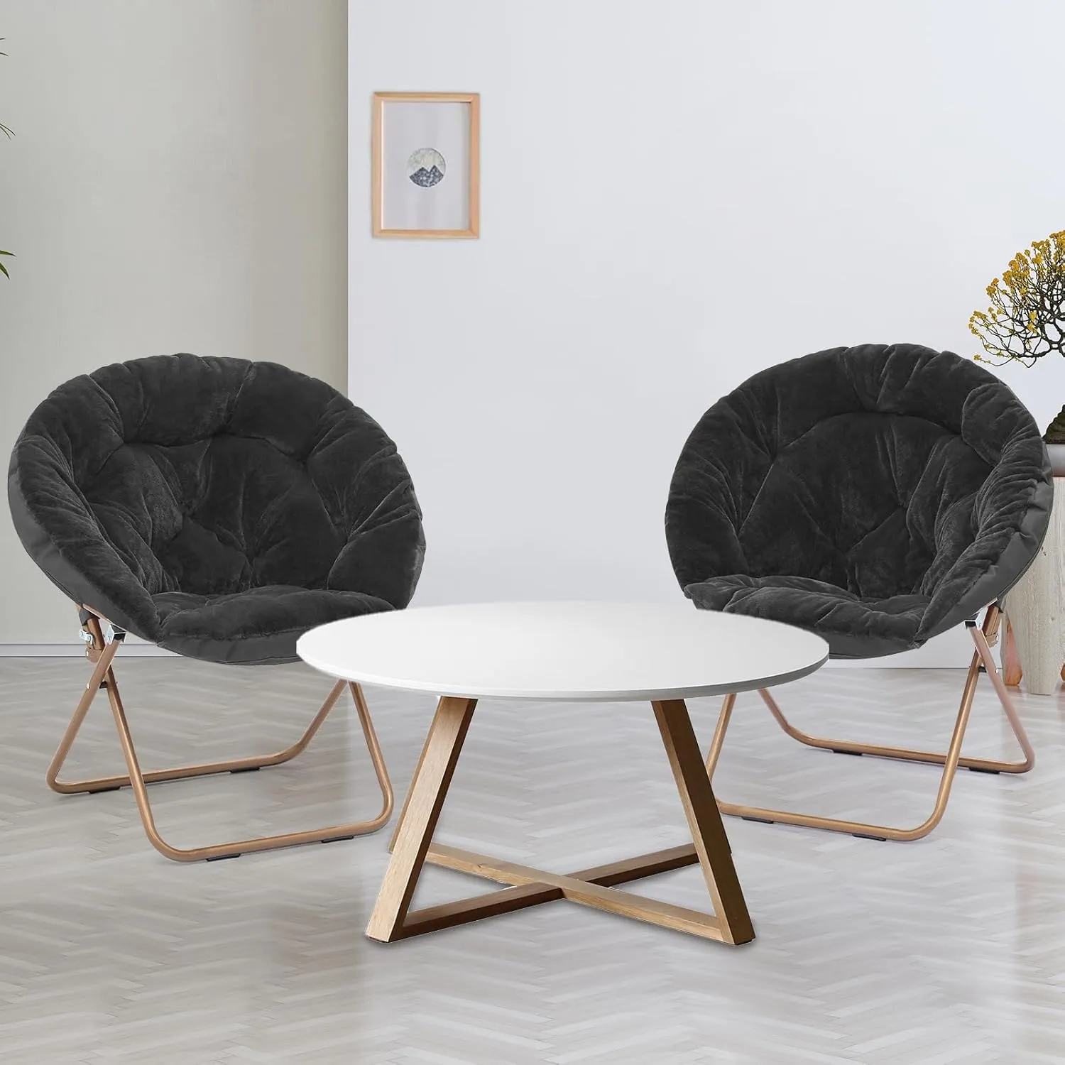 Athena Collection Comfy Saucer Chair Folding Cozy Chair for Bed Room Living Room Accent Chair Faux Fur Reading Chair Foldable Metal Frame Lazy Chair Moon Chair for Adult Set of 2, Black