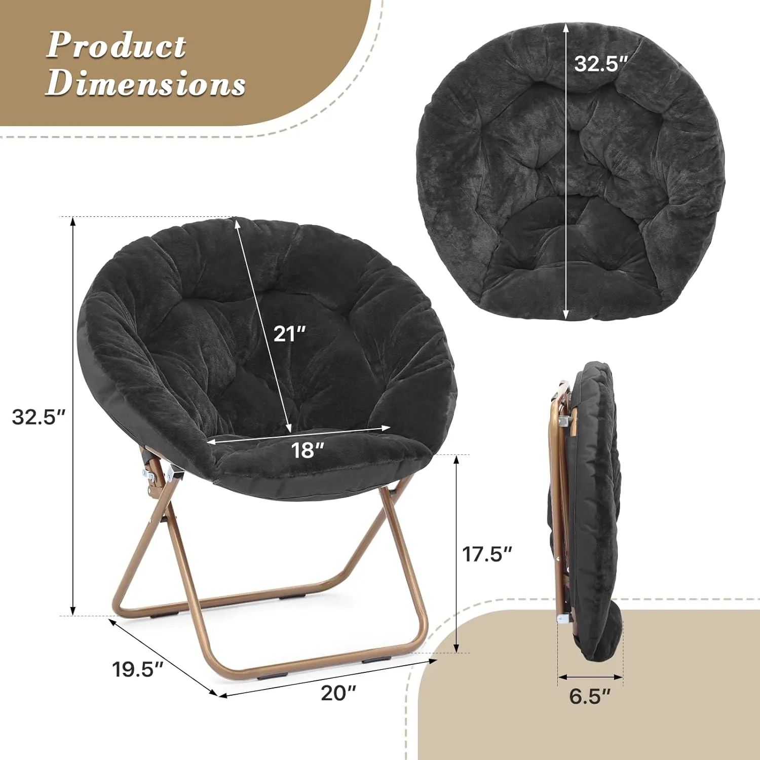 Athena Collection Comfy Saucer Chair Folding Cozy Chair for Bed Room Living Room Accent Chair Faux Fur Reading Chair Foldable Metal Frame Lazy Chair Moon Chair for Adult Set of 2, Black