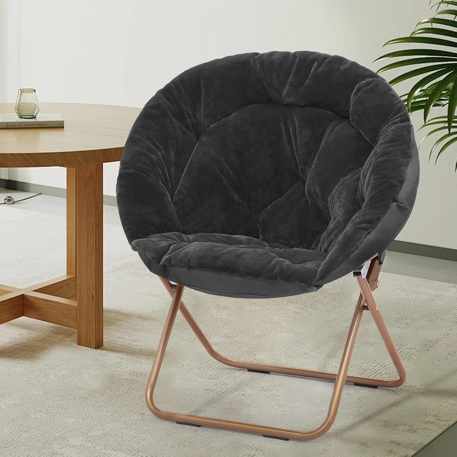 Athena Collection Comfy Saucer Chair Folding Cozy Chair for Bed Room Living Room Accent Chair Faux Fur Reading Chair Foldable Metal Frame Lazy Chair Moon Chair for Adult Set of 2, Black