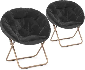 Athena Collection Comfy Saucer Chair Folding Cozy Chair for Bed Room Living Room Accent Chair Faux Fur Reading Chair Foldable Metal Frame Lazy Chair Moon Chair for Adult Set of 2, Black
