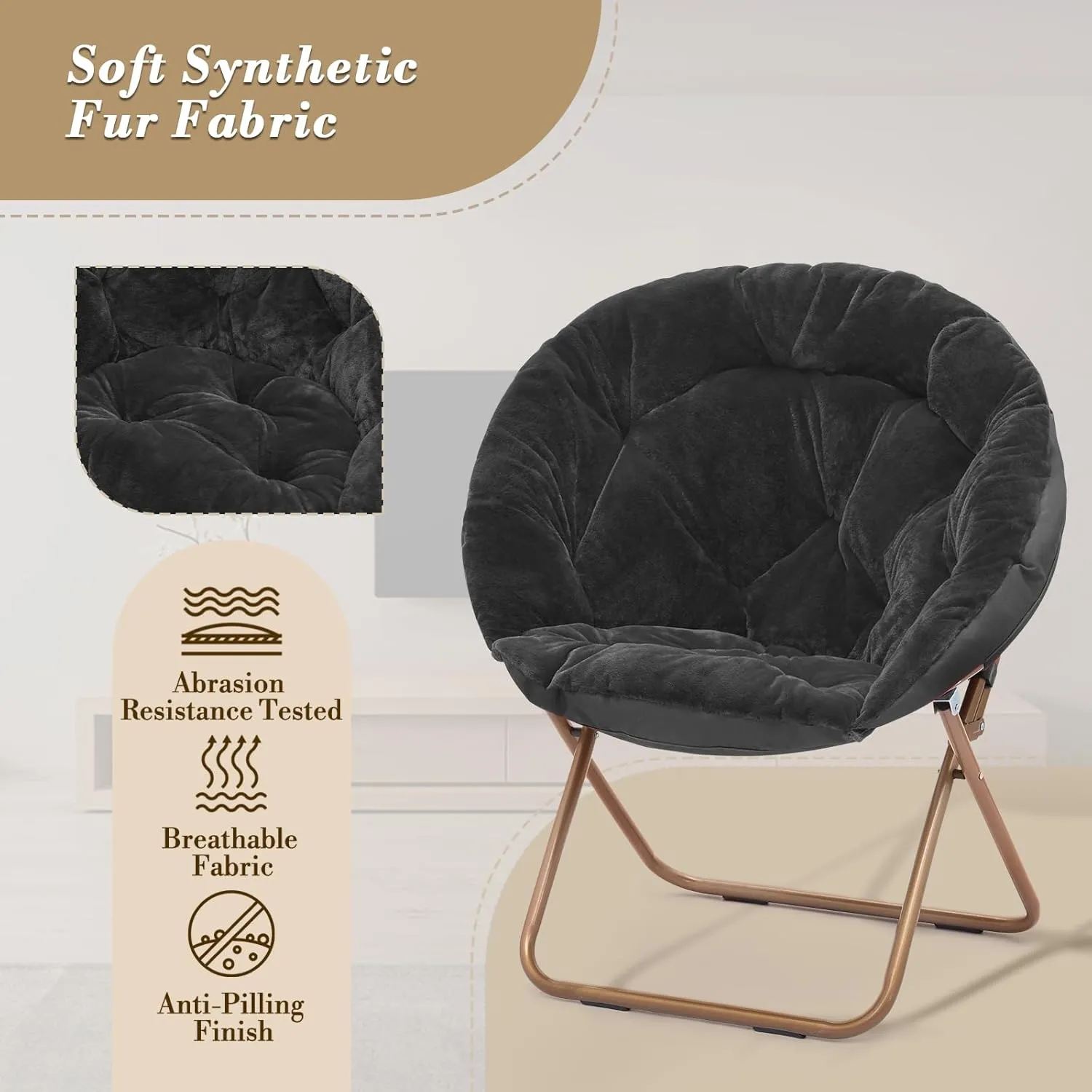 Athena Collection Comfy Saucer Chair Folding Cozy Chair for Bed Room Living Room Accent Chair Faux Fur Reading Chair Foldable Metal Frame Lazy Chair Moon Chair for Adult Set of 2, Black