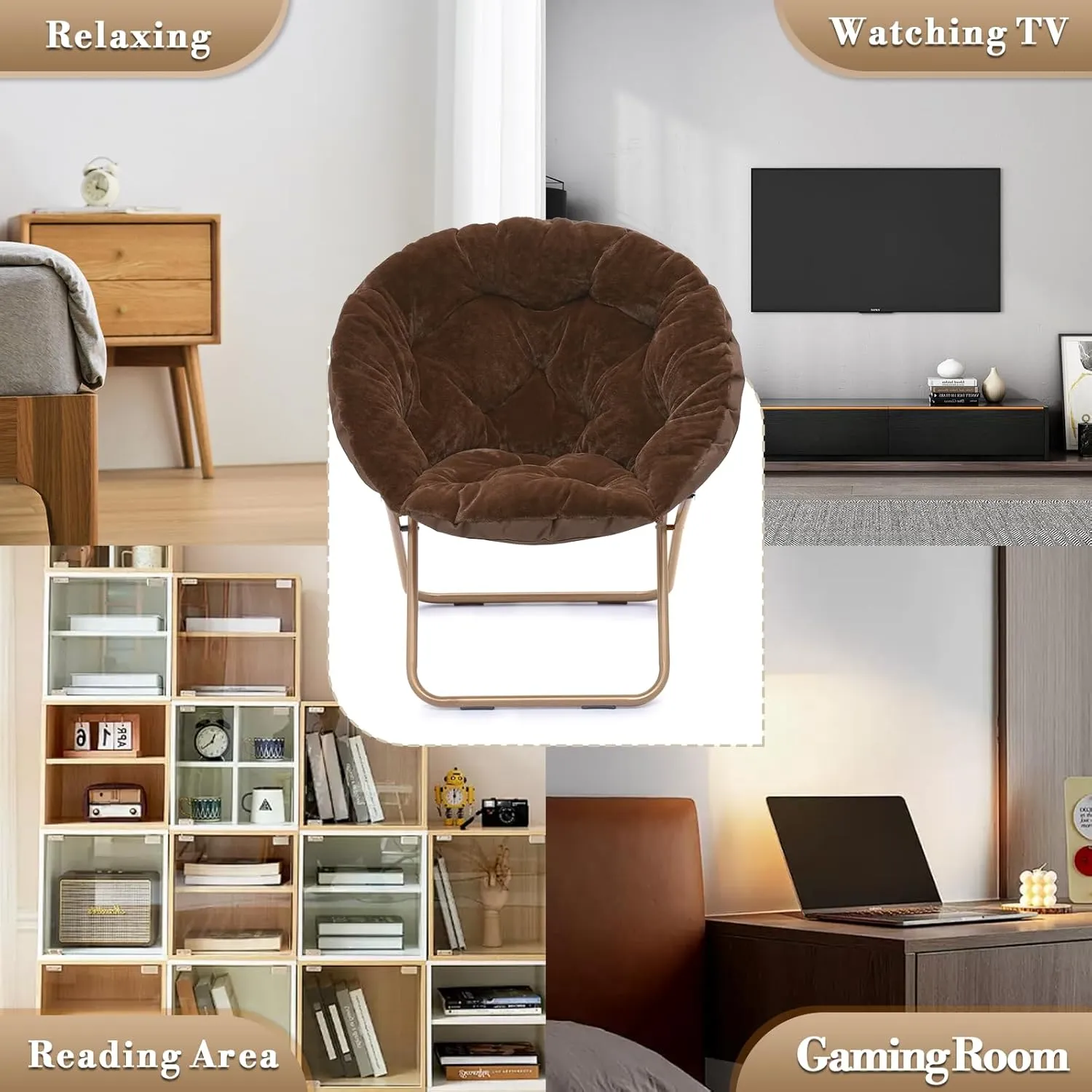 Athena Collection Comfy Saucer Chair Folding Cozy Chair for Bed Room Living Room Accent Chair Faux Fur Reading Chair Foldable Metal Frame Lazy Chair Moon Chair for Adult Set of 2, Brown
