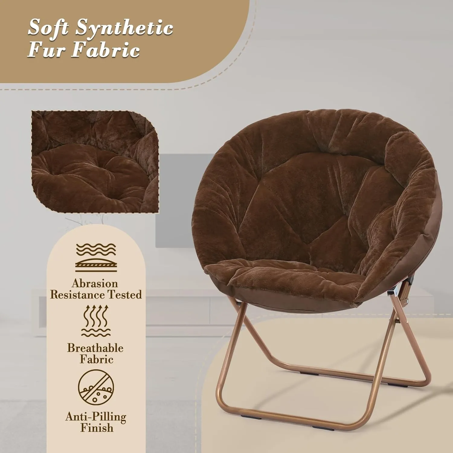 Athena Collection Comfy Saucer Chair Folding Cozy Chair for Bed Room Living Room Accent Chair Faux Fur Reading Chair Foldable Metal Frame Lazy Chair Moon Chair for Adult Set of 2, Brown