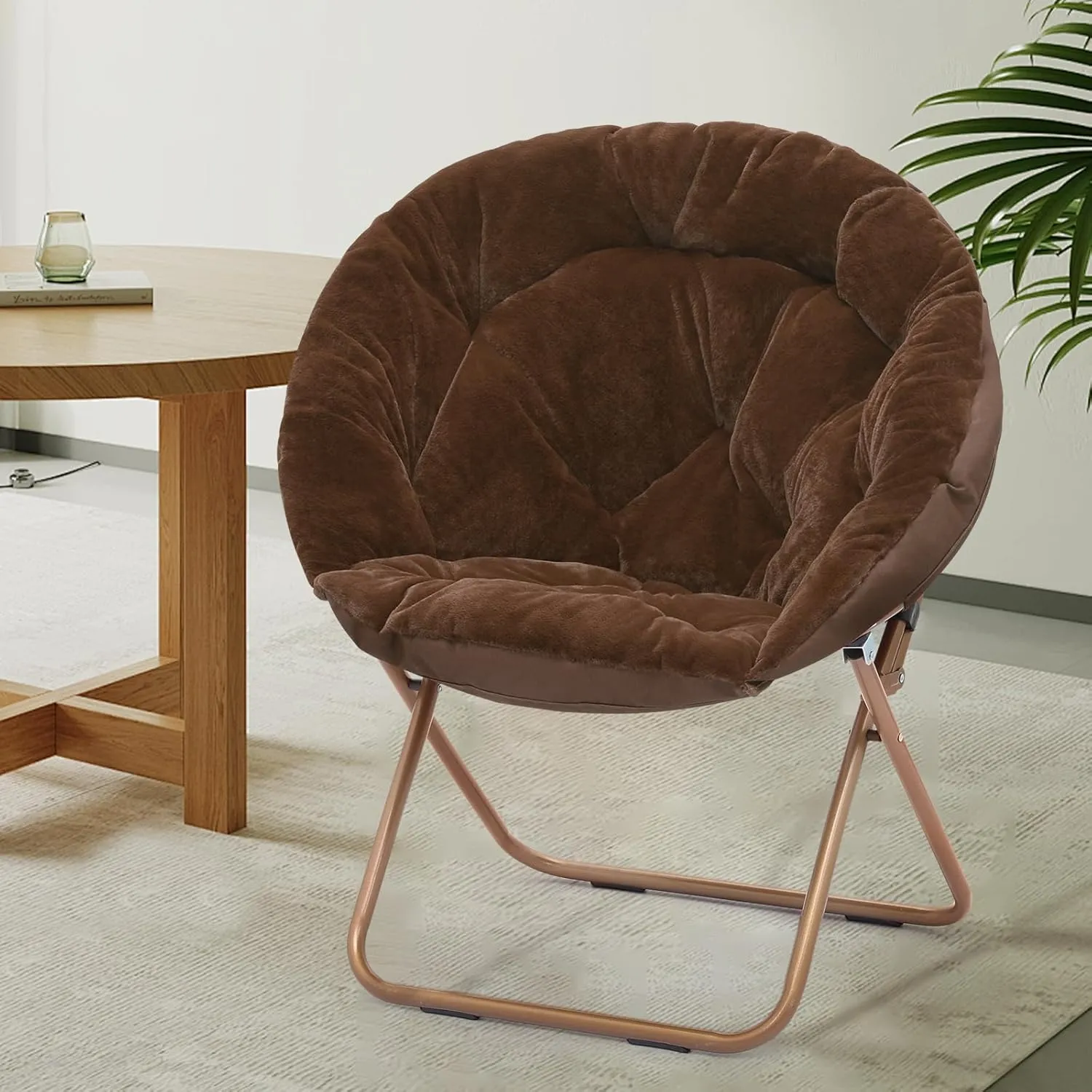 Athena Collection Comfy Saucer Chair Folding Cozy Chair for Bed Room Living Room Accent Chair Faux Fur Reading Chair Foldable Metal Frame Lazy Chair Moon Chair for Adult Set of 2, Brown
