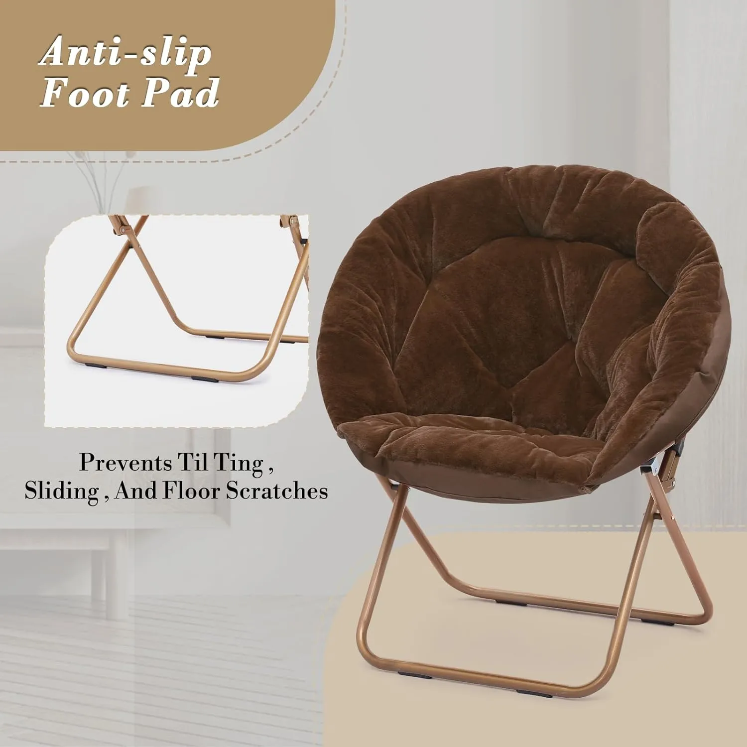 Athena Collection Comfy Saucer Chair Folding Cozy Chair for Bed Room Living Room Accent Chair Faux Fur Reading Chair Foldable Metal Frame Lazy Chair Moon Chair for Adult Set of 2, Brown