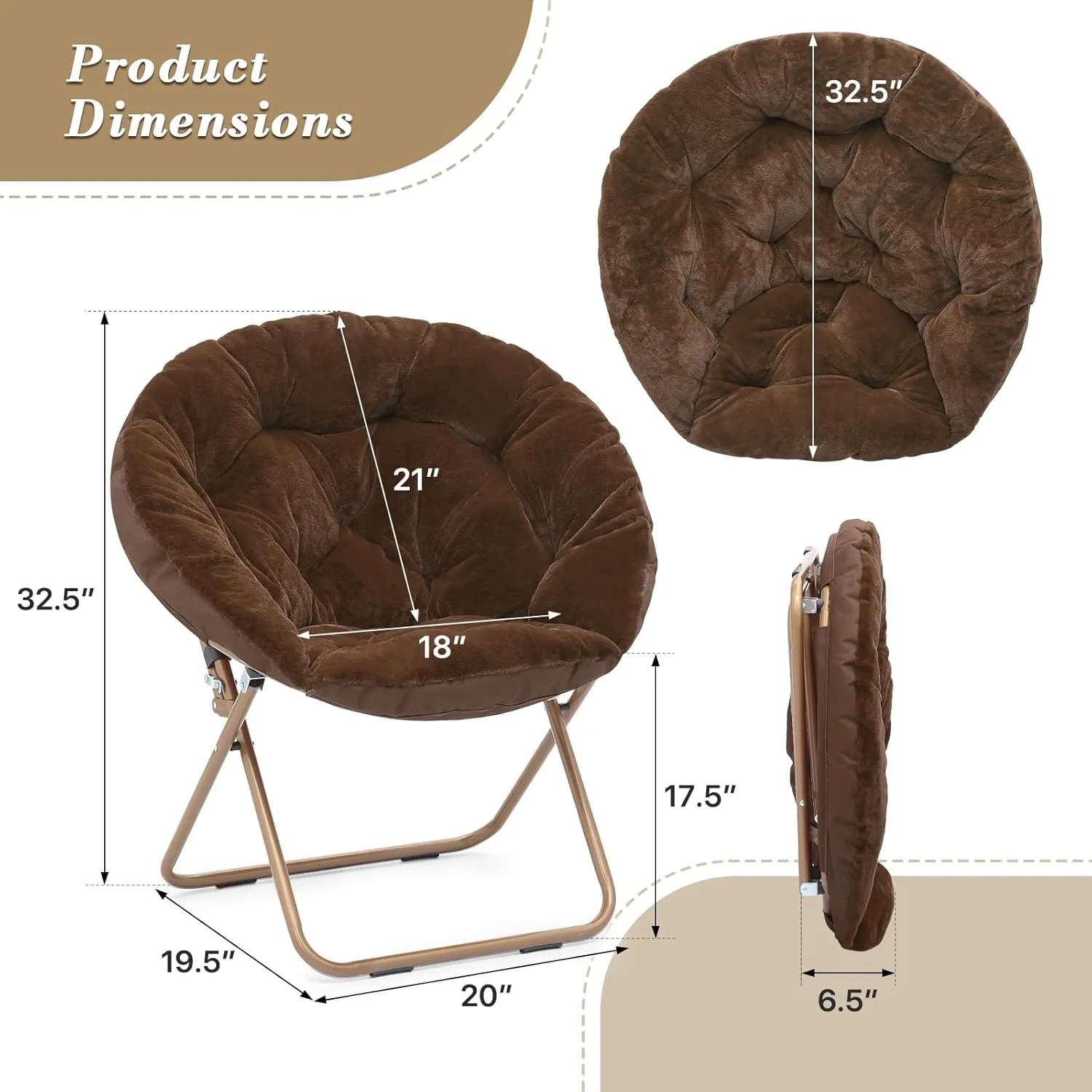 Athena Collection Comfy Saucer Chair Folding Cozy Chair for Bed Room Living Room Accent Chair Faux Fur Reading Chair Foldable Metal Frame Lazy Chair Moon Chair for Adult Set of 2, Brown