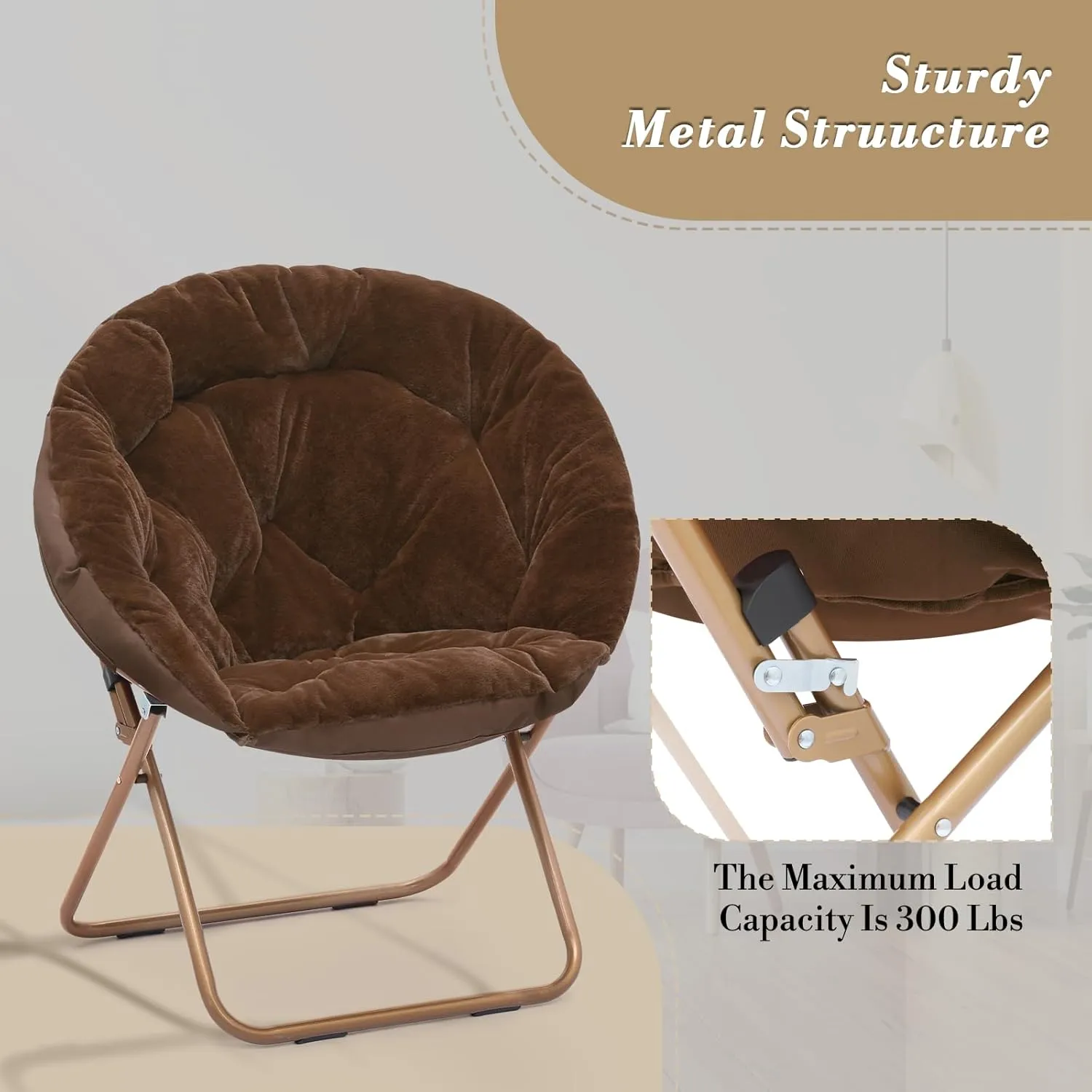 Athena Collection Comfy Saucer Chair Folding Cozy Chair for Bed Room Living Room Accent Chair Faux Fur Reading Chair Foldable Metal Frame Lazy Chair Moon Chair for Adult Set of 2, Brown