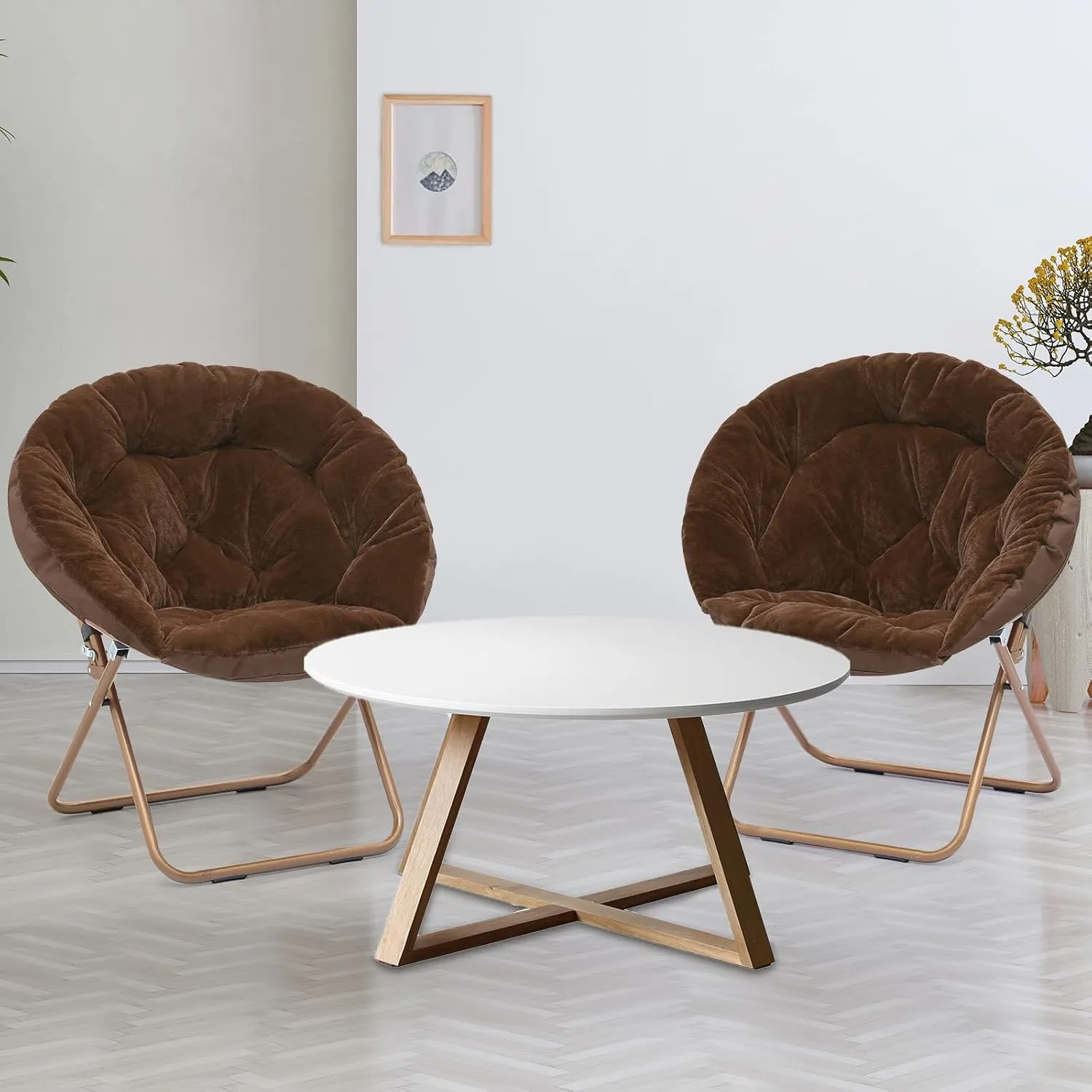 Athena Collection Comfy Saucer Chair Folding Cozy Chair for Bed Room Living Room Accent Chair Faux Fur Reading Chair Foldable Metal Frame Lazy Chair Moon Chair for Adult Set of 2, Brown