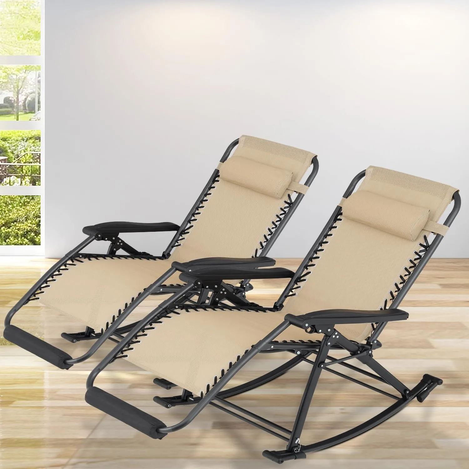 Athena Collection Zero Gravity Outdoor Lounge Chair Set of 2, 29" Width Rocking Reclining Pool Lounge Lawn Chair Recliner with Padded Footrest, Outdoor Chaise for Beach Patio Backyard Outside, Khaki