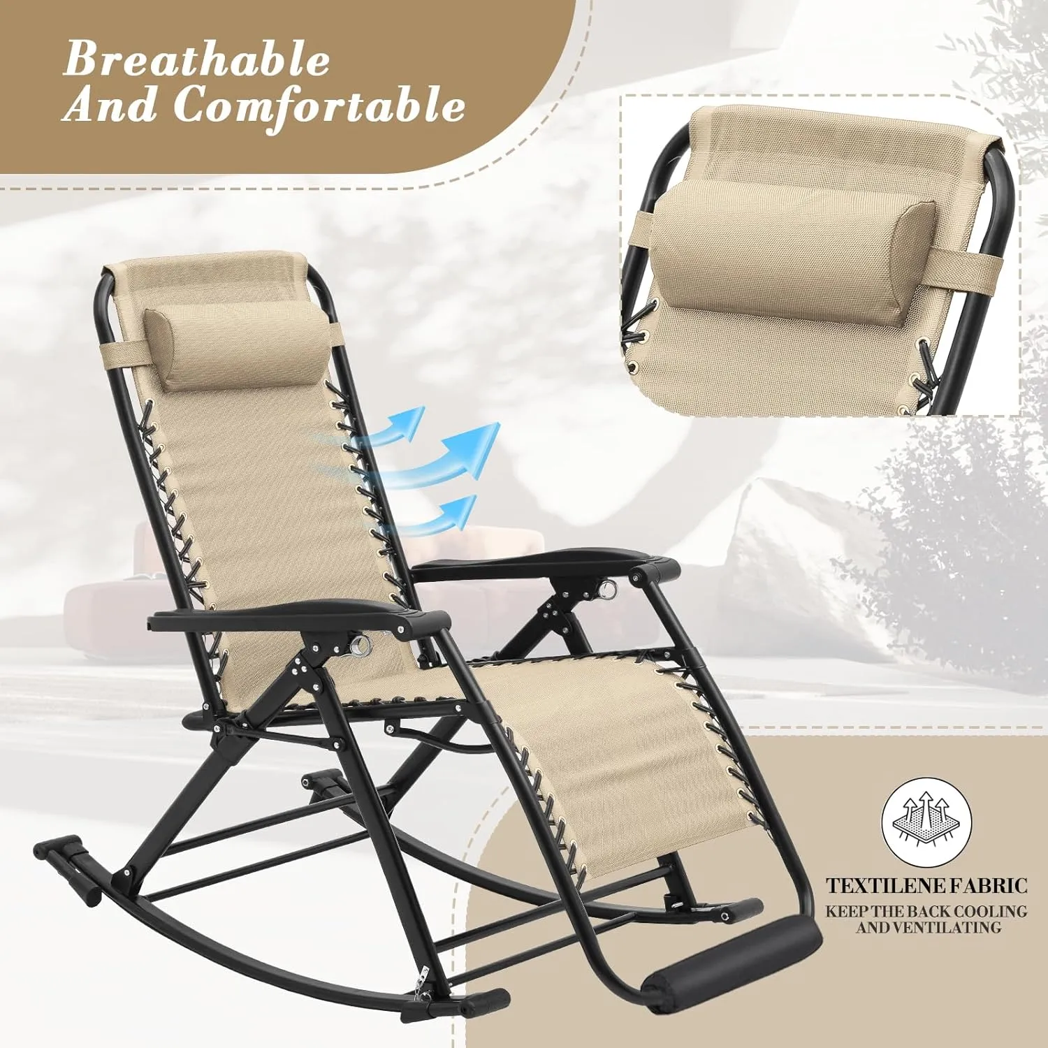 Athena Collection Zero Gravity Outdoor Lounge Chair Set of 2, 29" Width Rocking Reclining Pool Lounge Lawn Chair Recliner with Padded Footrest, Outdoor Chaise for Beach Patio Backyard Outside, Khaki