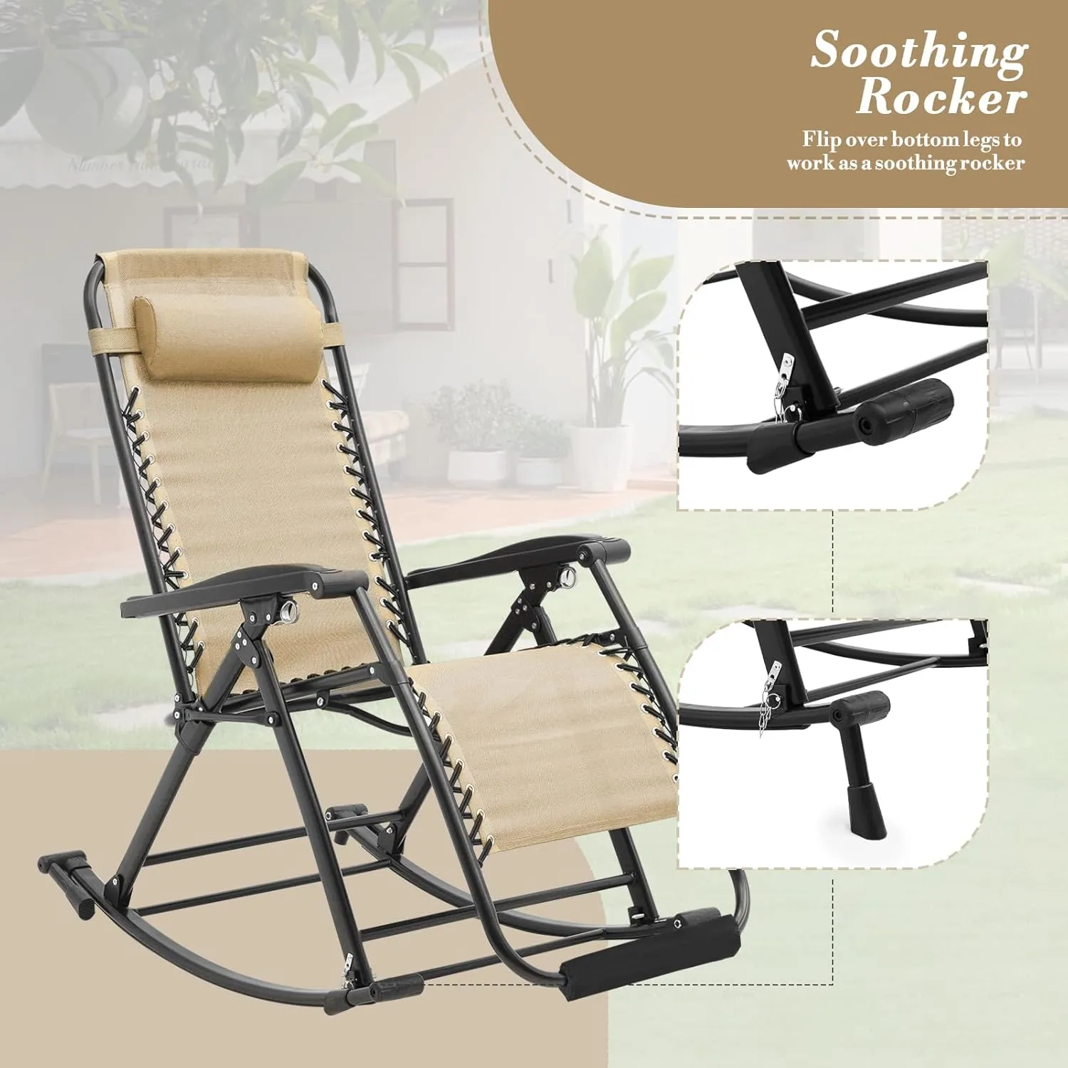 Athena Collection Zero Gravity Outdoor Lounge Chair Set of 2, 29" Width Rocking Reclining Pool Lounge Lawn Chair Recliner with Padded Footrest, Outdoor Chaise for Beach Patio Backyard Outside, Khaki