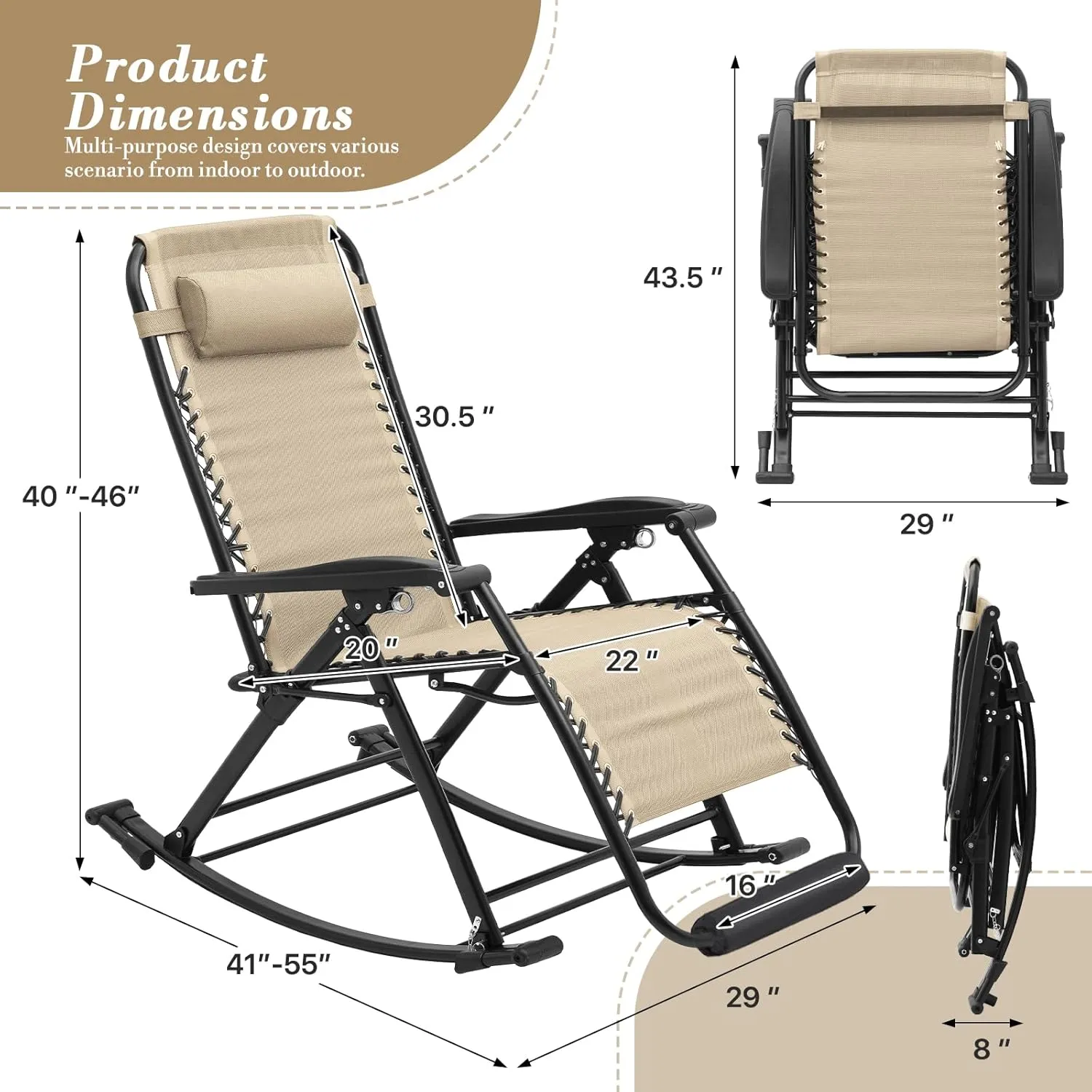 Athena Collection Zero Gravity Outdoor Lounge Chair Set of 2, 29" Width Rocking Reclining Pool Lounge Lawn Chair Recliner with Padded Footrest, Outdoor Chaise for Beach Patio Backyard Outside, Khaki