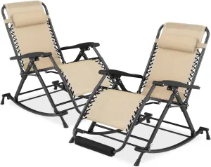 Athena Collection Zero Gravity Outdoor Lounge Chair Set of 2, 29" Width Rocking Reclining Pool Lounge Lawn Chair Recliner with Padded Footrest, Outdoor Chaise for Beach Patio Backyard Outside, Khaki