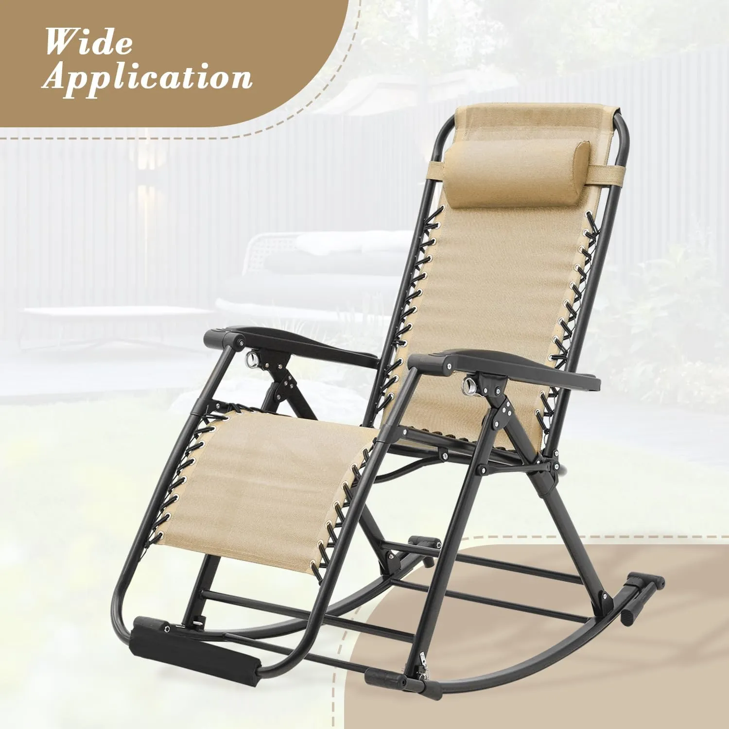 Athena Collection Zero Gravity Outdoor Lounge Chair Set of 2, 29" Width Rocking Reclining Pool Lounge Lawn Chair Recliner with Padded Footrest, Outdoor Chaise for Beach Patio Backyard Outside, Khaki