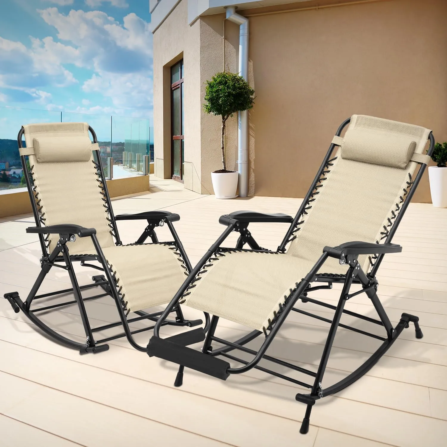 Athena Collection Zero Gravity Outdoor Lounge Chair Set of 2, 29" Width Rocking Reclining Pool Lounge Lawn Chair Recliner with Padded Footrest, Outdoor Chaise for Beach Patio Backyard Outside, Khaki