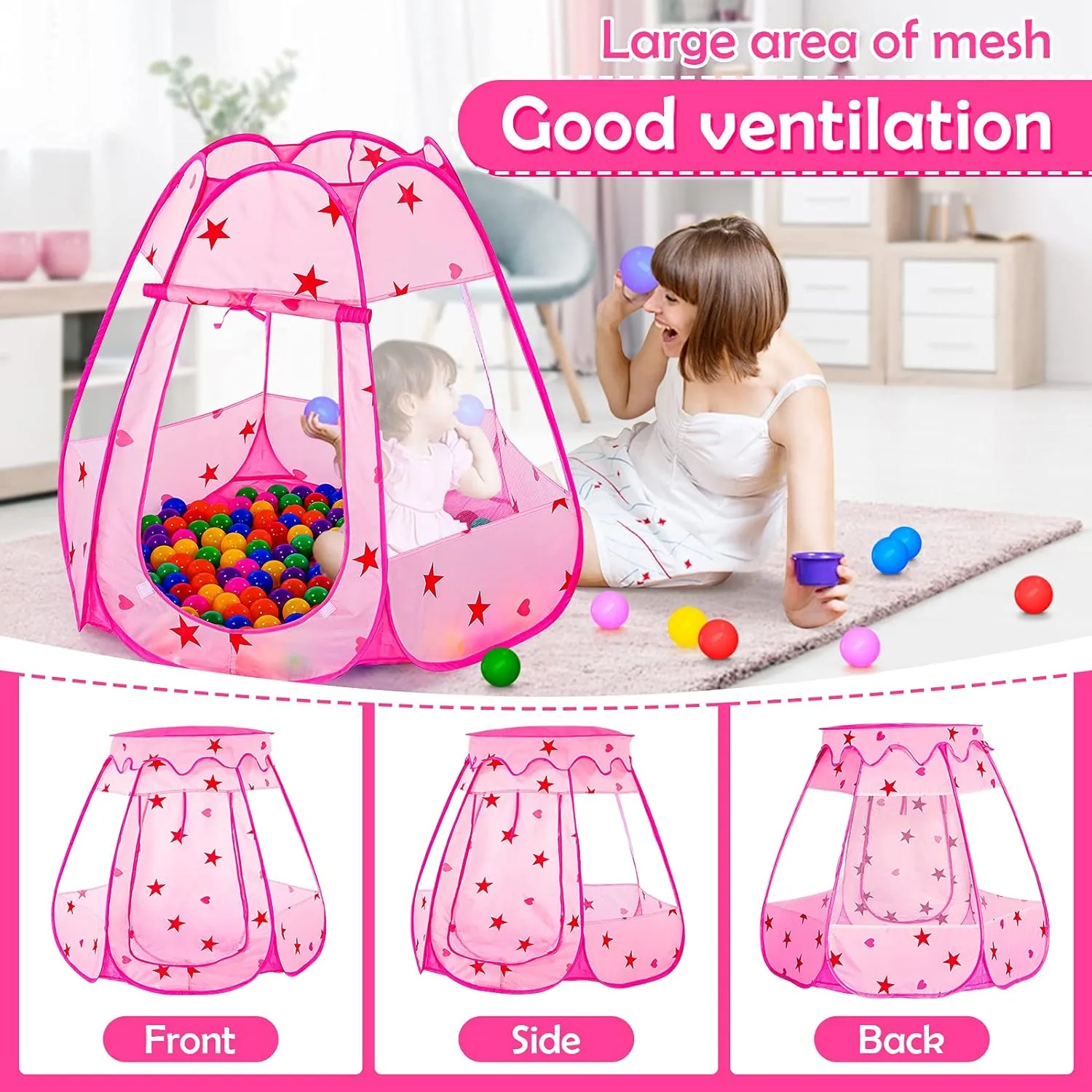 Baby Ball Pit for Toddler with 50 Balls, Kids Pop Up Play Tent for Girls, Princess Toys for Children Indoor & Outdoor Playhouse with Carry Bag