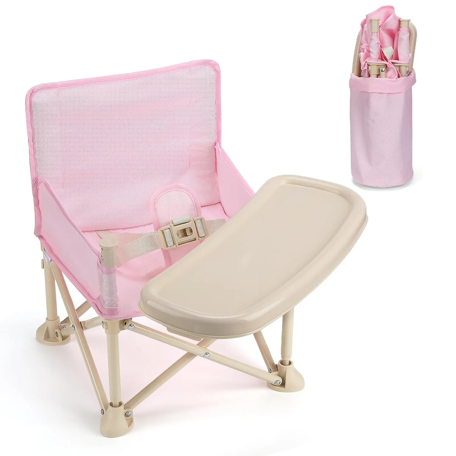 Baby Beach Chair for Toddlers 1-3 - Lightweight Foldable Baby Camping Chair with Tray and Storage Bag, Easy to Clean, Safe Kids Outdoor Lawn Chairs for Garden RV Travel (Pink)