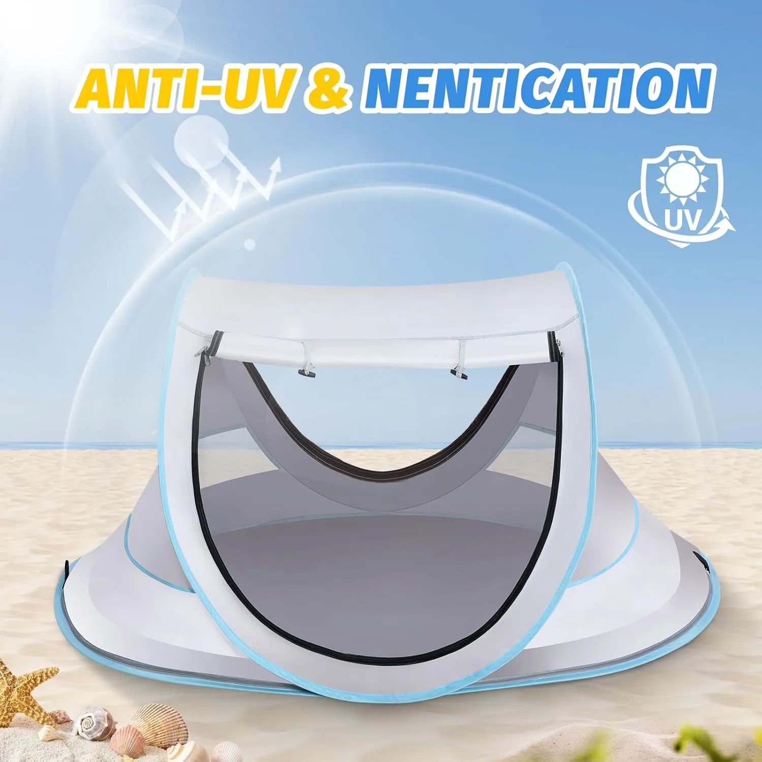 Baby Beach Tent with Baby Hat, Pop Up Toddler Travel Bed with Sun Hat for Boys or Girls, Sun Shade for Toddler Camping, Infant Portable Sun Shade, Summer Beach Baby