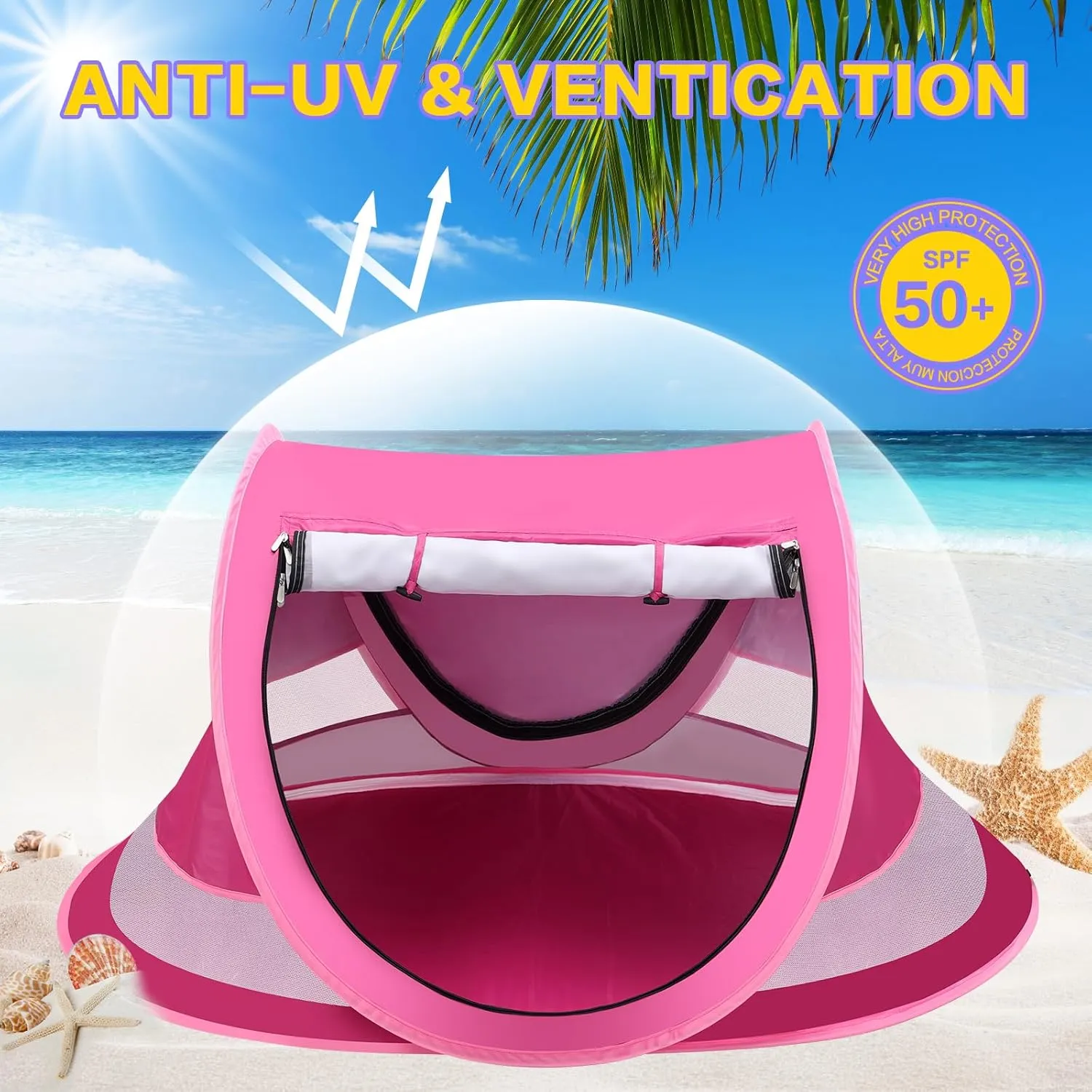 Baby Beach Tent with Baby Hat, Pop Up Toddler Travel Bed with Sun Hat for Boys or Girls, Sun Shade for Toddler Camping, Infant Portable Sun Shade, Summer Beach Baby